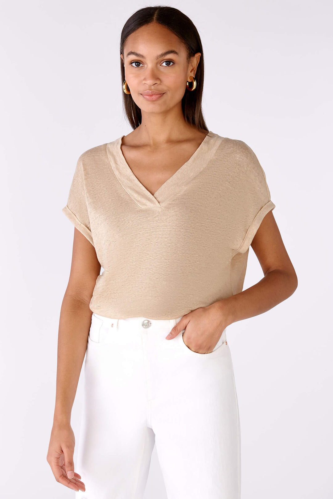 Oui 79224 Light Stone Linen V Neck T-Shirt - Olivia Grace Fashion