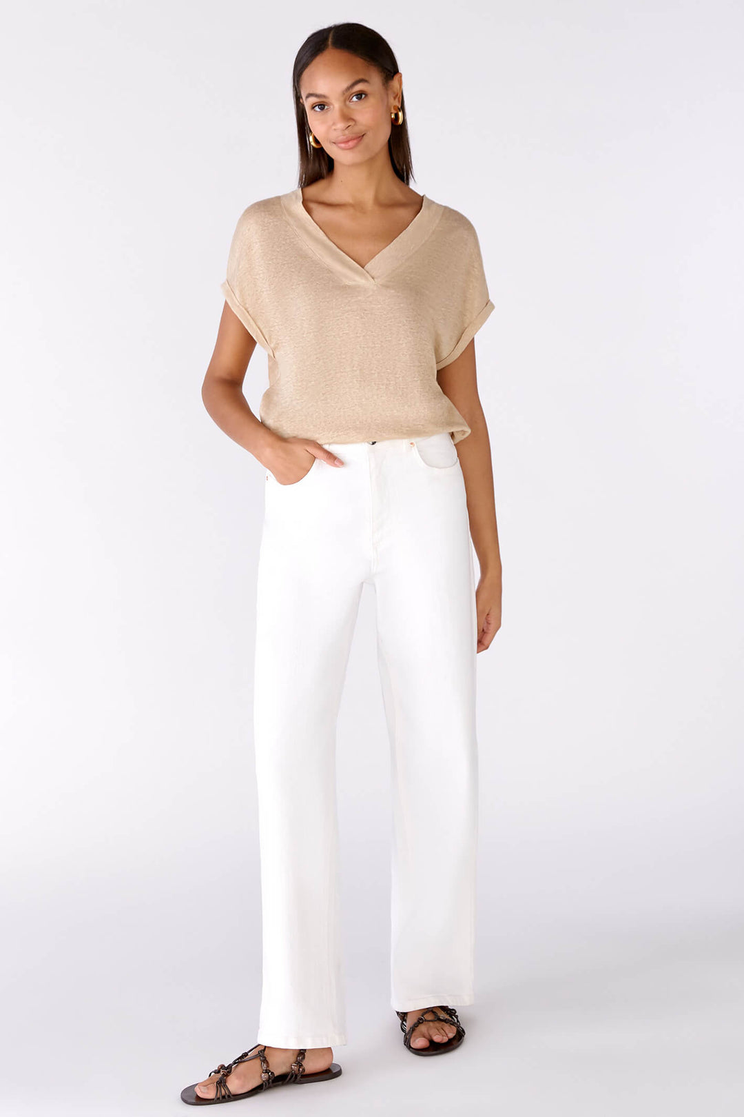 Oui 79224 Light Stone Linen V Neck T-Shirt - Olivia Grace Fashion