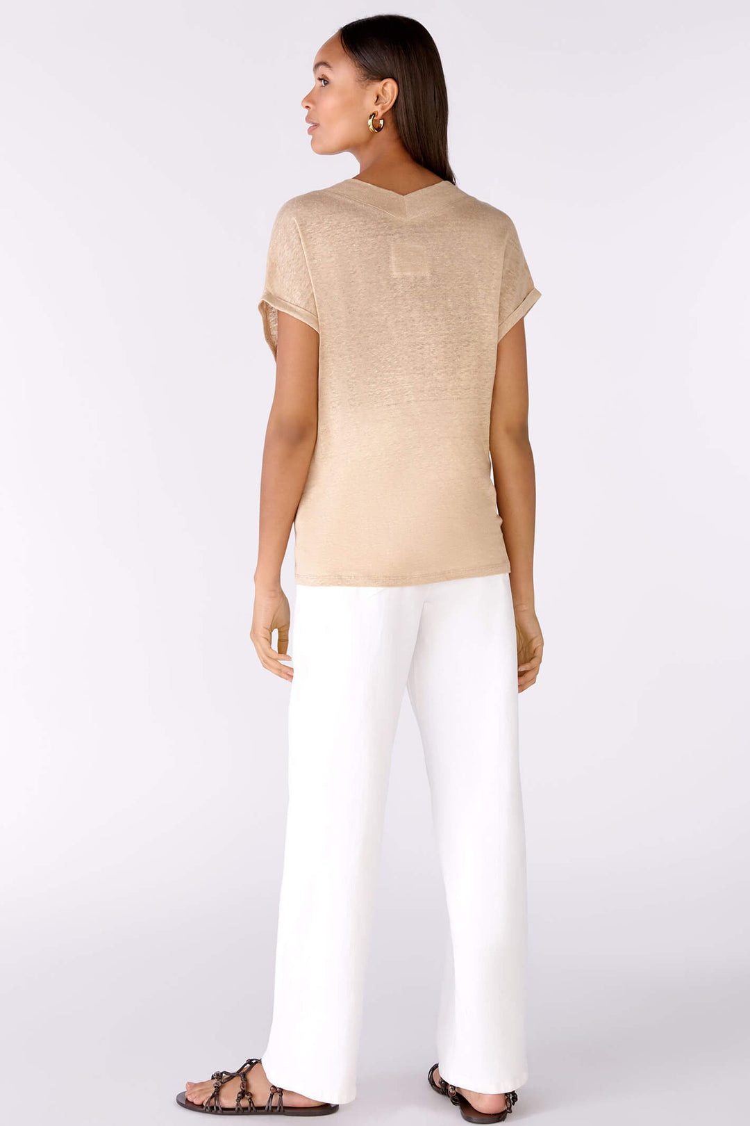 Oui 79224 Light Stone Linen V Neck T-Shirt - Olivia Grace Fashion