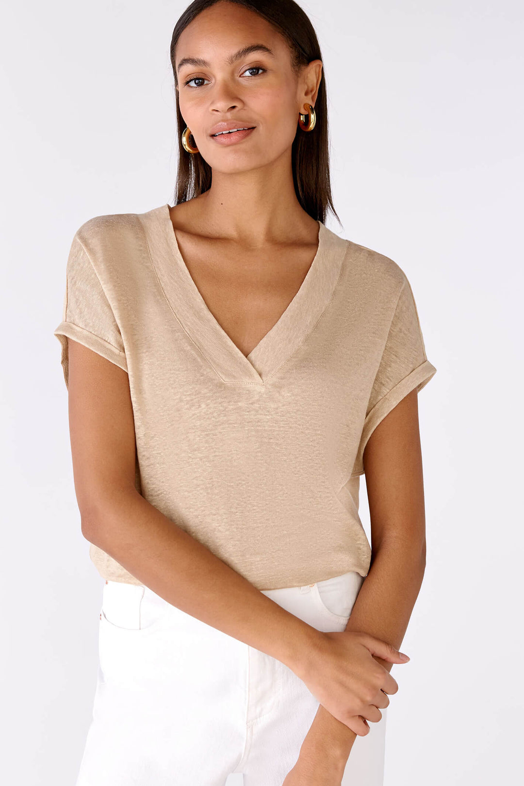 Oui 79224 Light Stone Linen V Neck T-Shirt - Olivia Grace Fashion