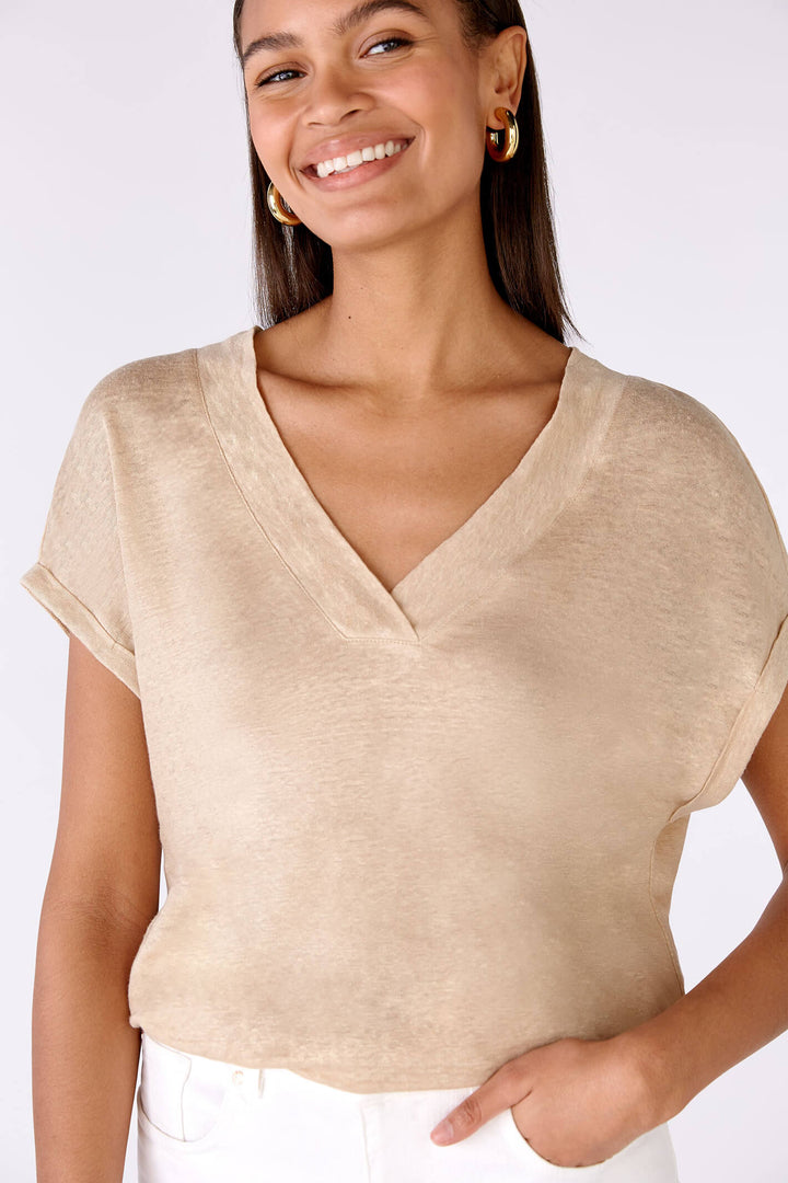 Oui 79224 Light Stone Linen V Neck T-Shirt - Olivia Grace Fashion