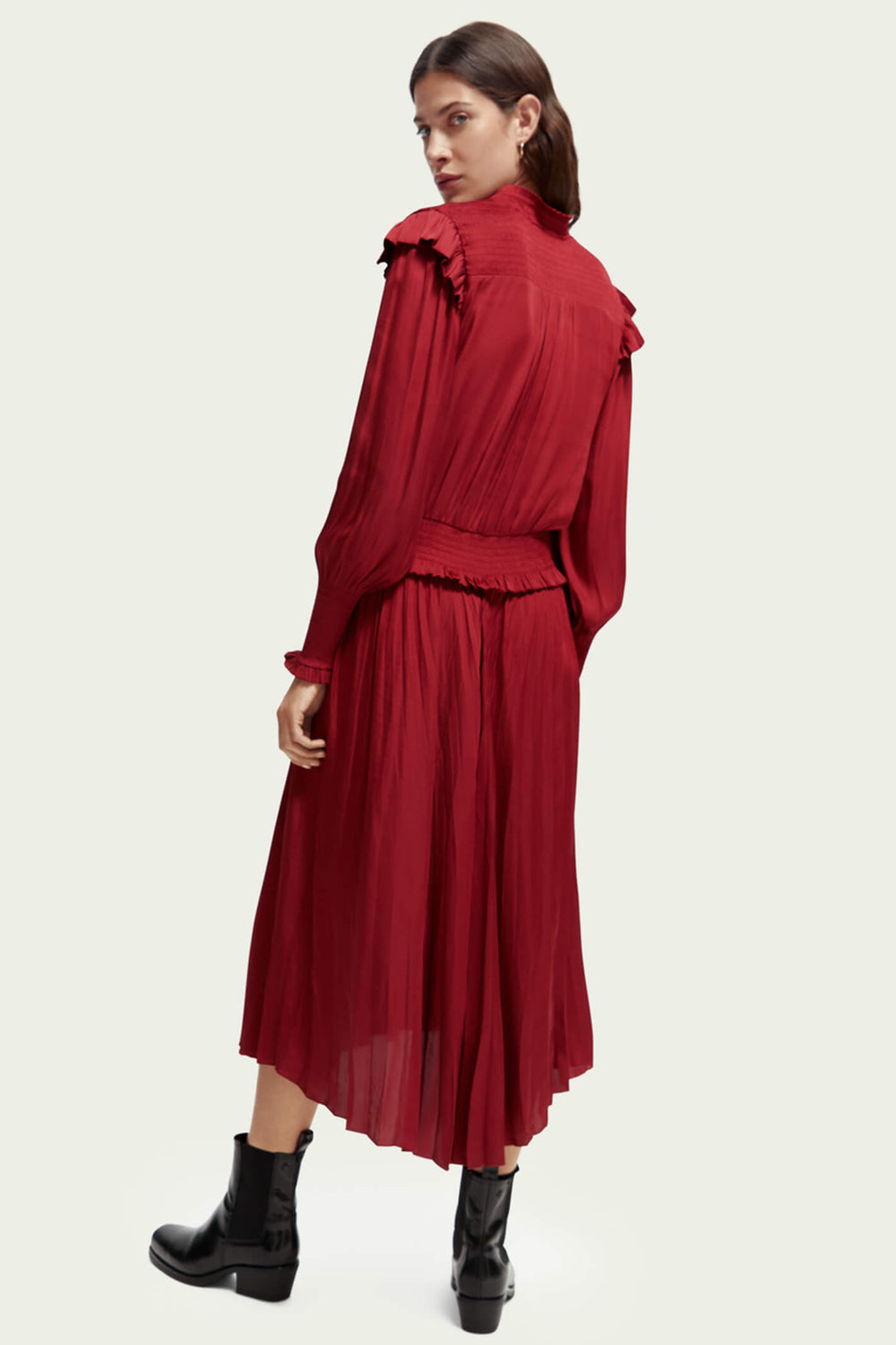 Maison Scotch 169621 Deep Raspberry Pink Smock Stitch Midi Dress - Olivia Grace Fashion