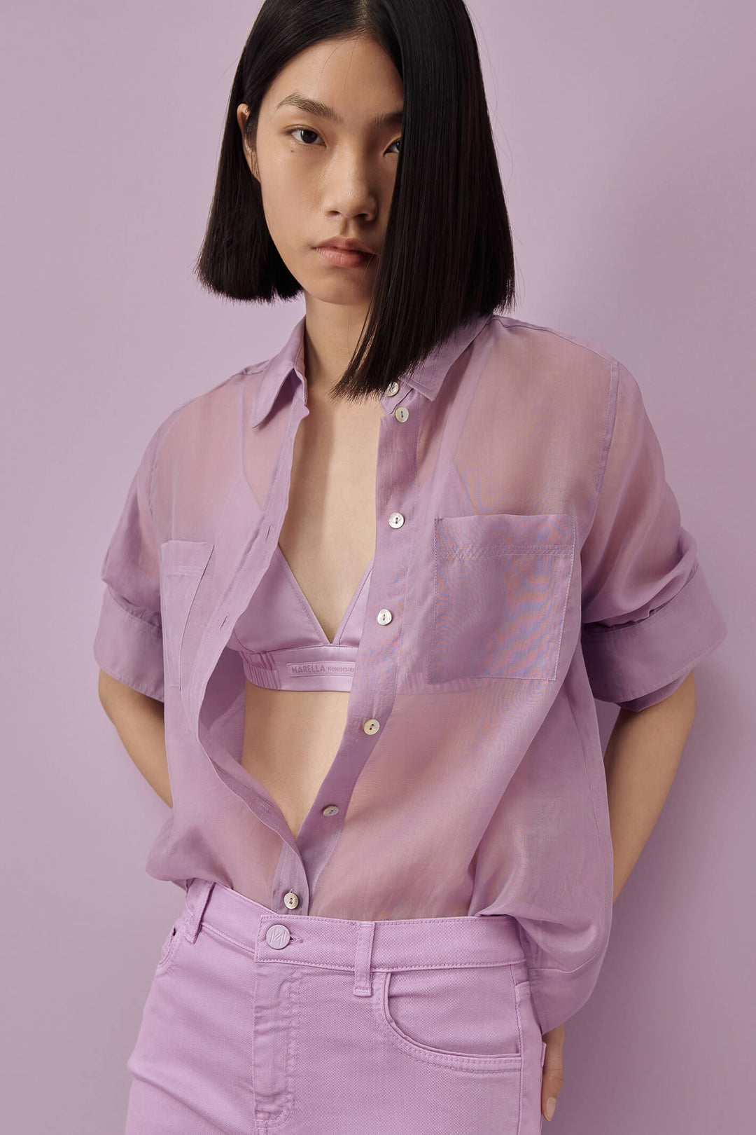 Marella Feltro 2331110335200 Lilac Muslin Organza-Look Long Sleeve Shirt - Olivia Grace Fashion