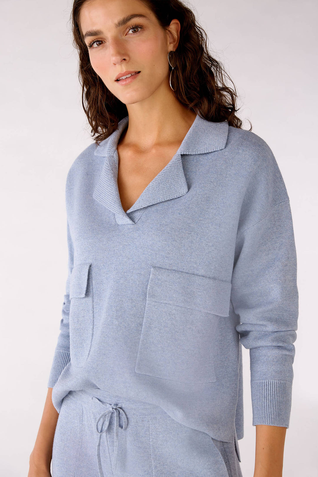 Oui 77850 Light Blue V-Neck Patch Pocket Jumper - Olivia Grace Fashion