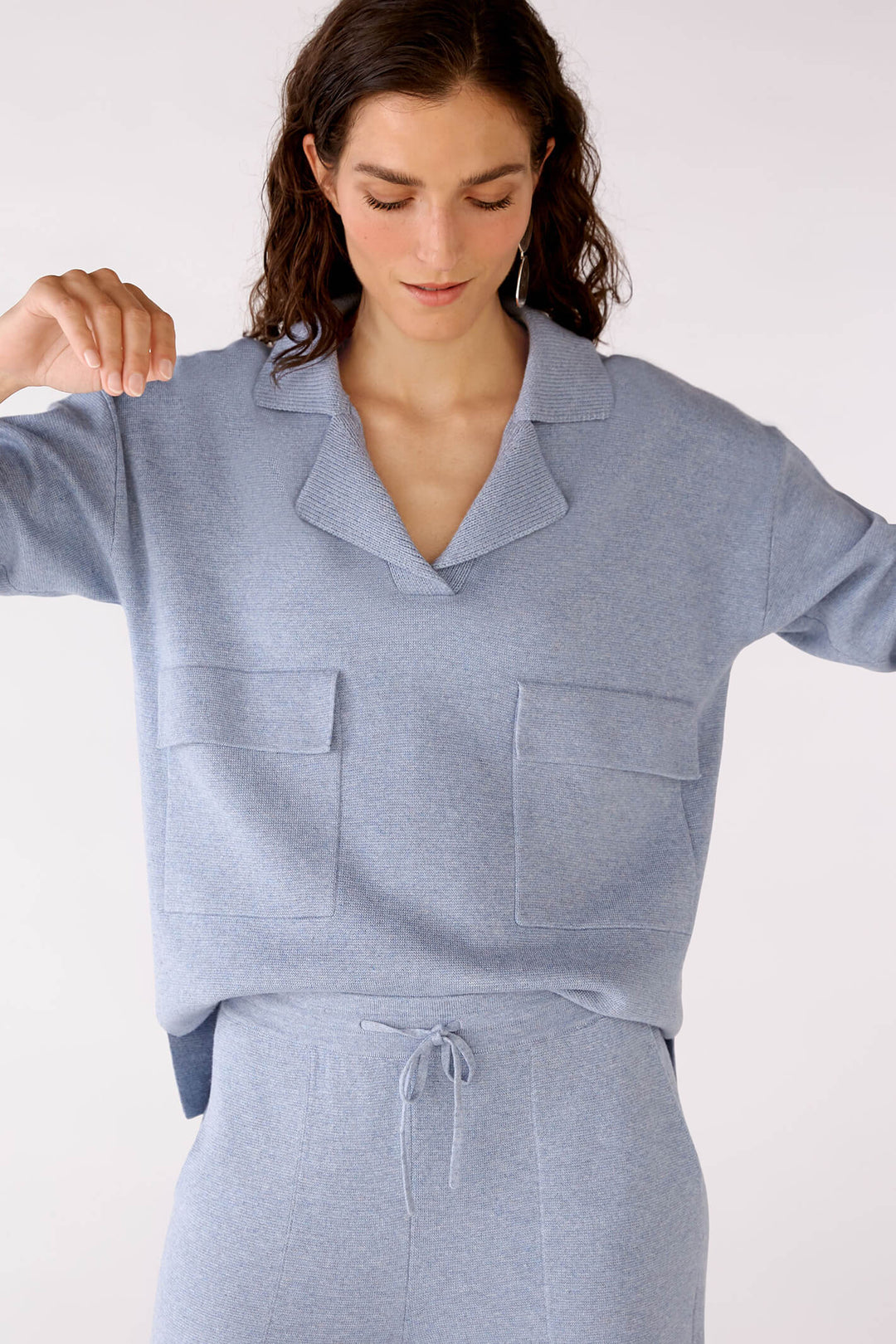 Oui 77850 Light Blue V-Neck Patch Pocket Jumper - Olivia Grace Fashion