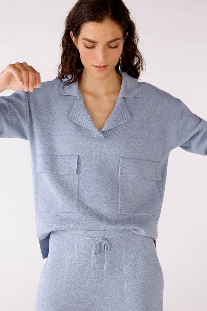 Oui 77850 Light Blue V-Neck Patch Pocket Jumper - Olivia Grace Fashion