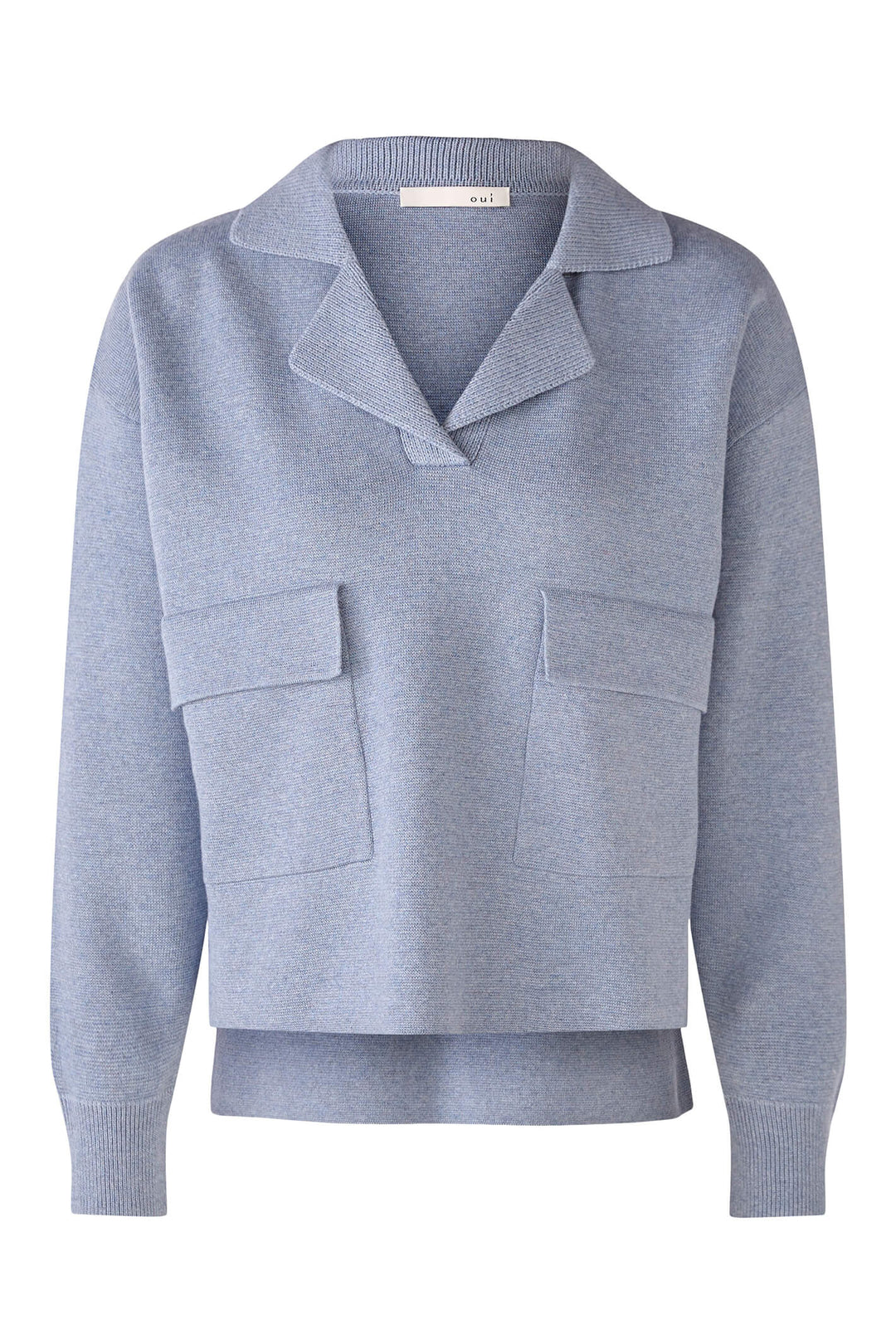 Oui 77850 Light Blue V-Neck Patch Pocket Jumper - Olivia Grace Fashion