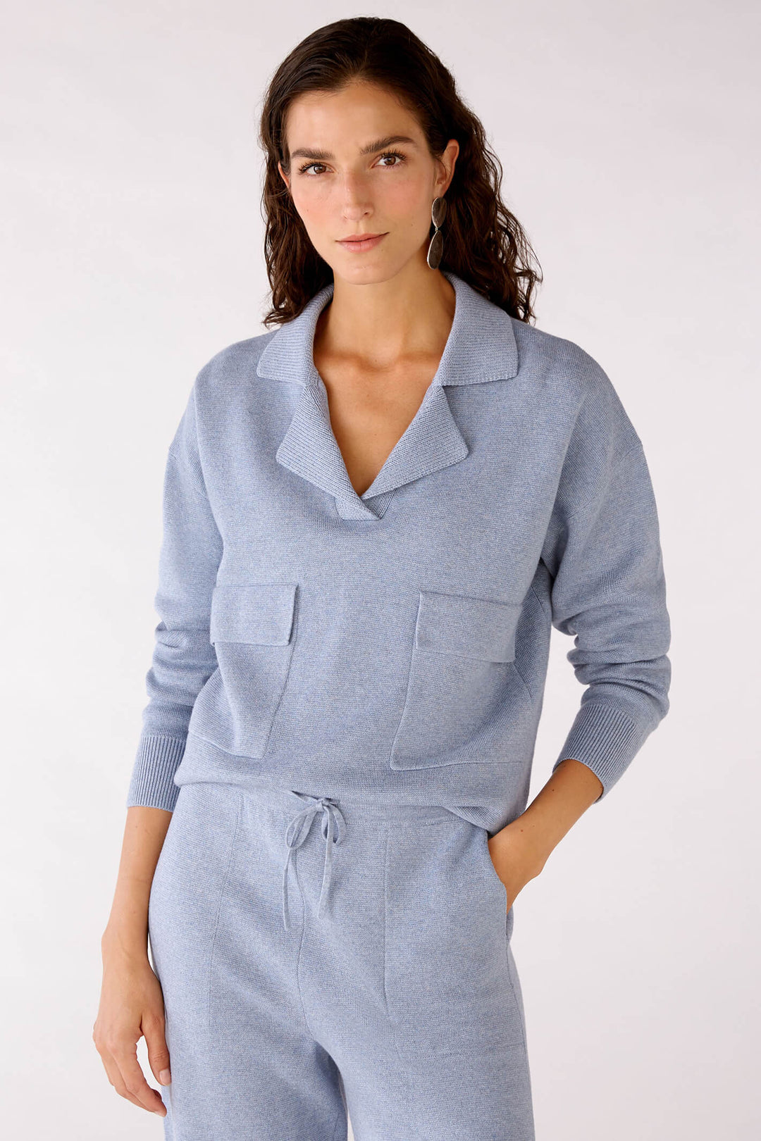 Oui 77850 Light Blue V-Neck Patch Pocket Jumper - Olivia Grace Fashion