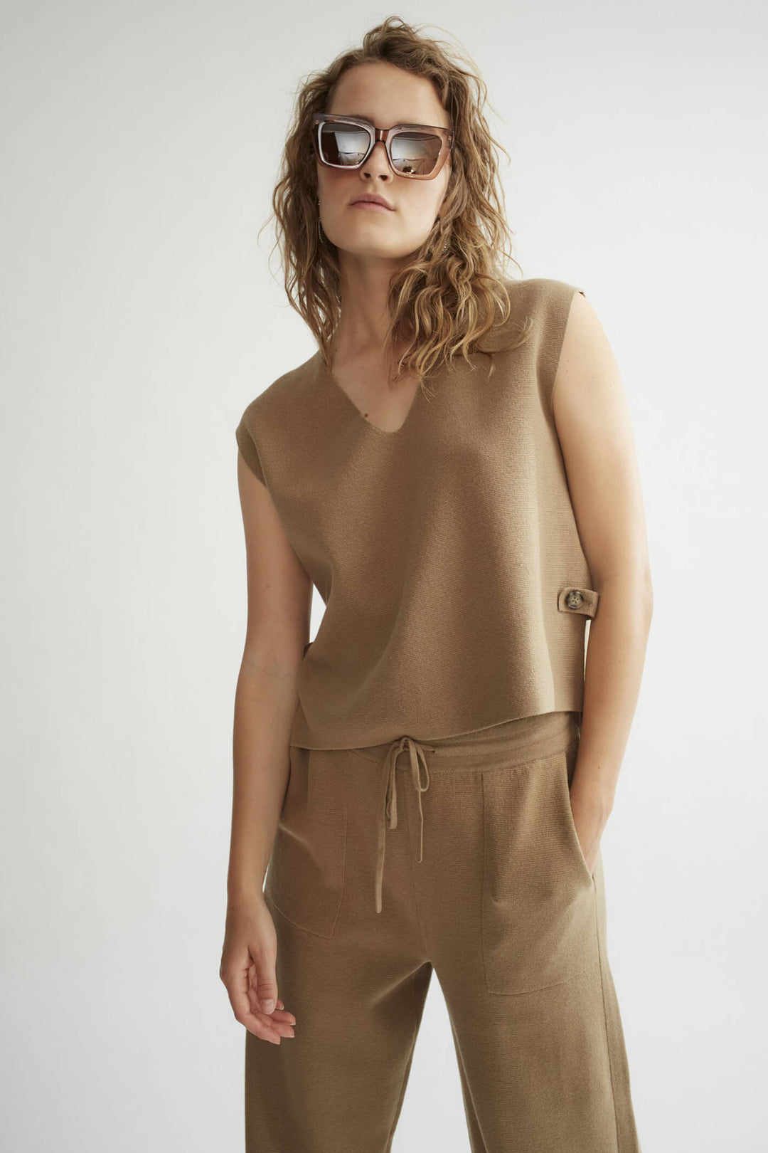 Oui 78239 Elmwood Taupe Sleeveless Slip-Over Jumper - Olivia Grace Fashion