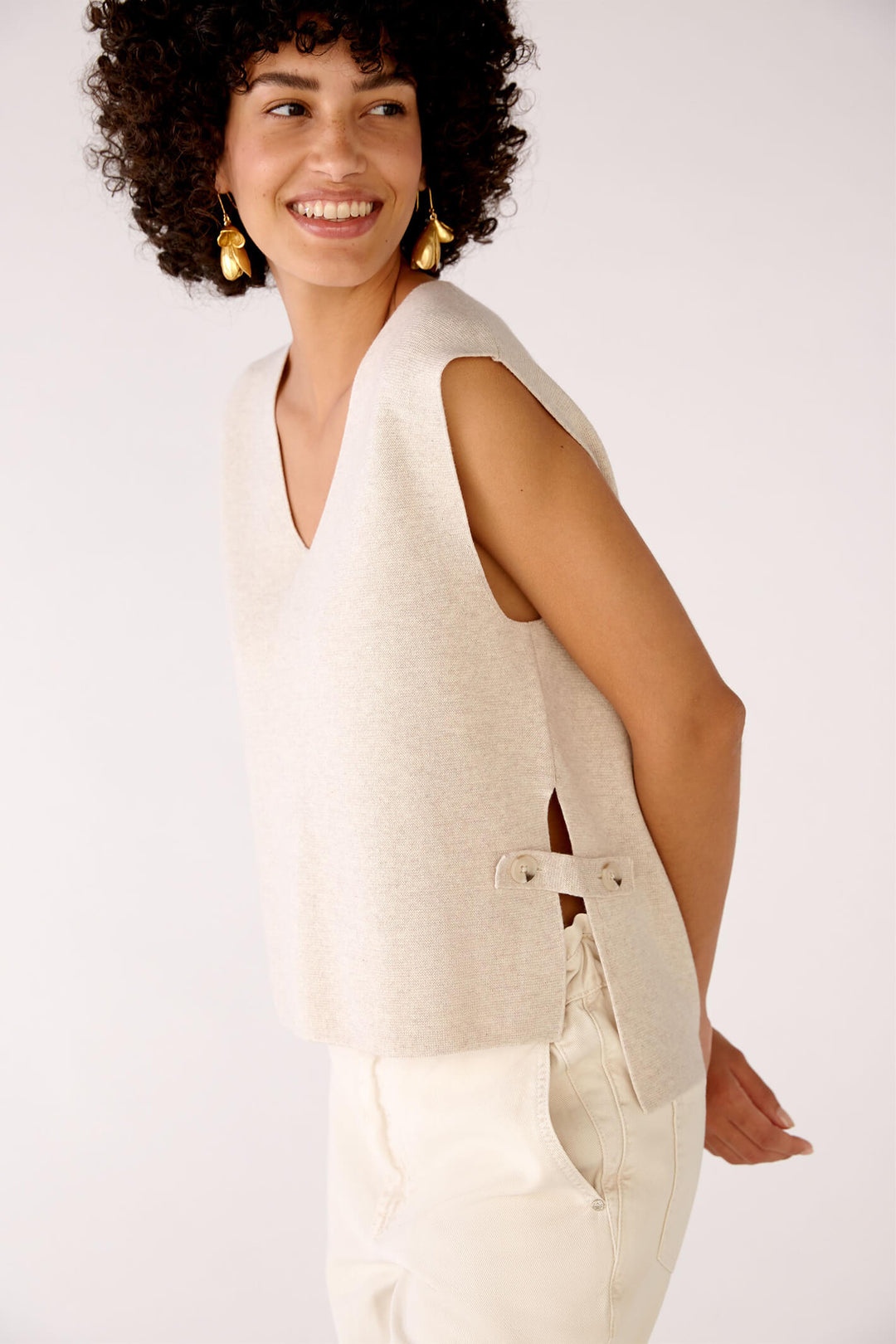 Oui 78239 Light Beige Melange Sleeveless Slip-Over Jumper - Olivia Grace Fashion