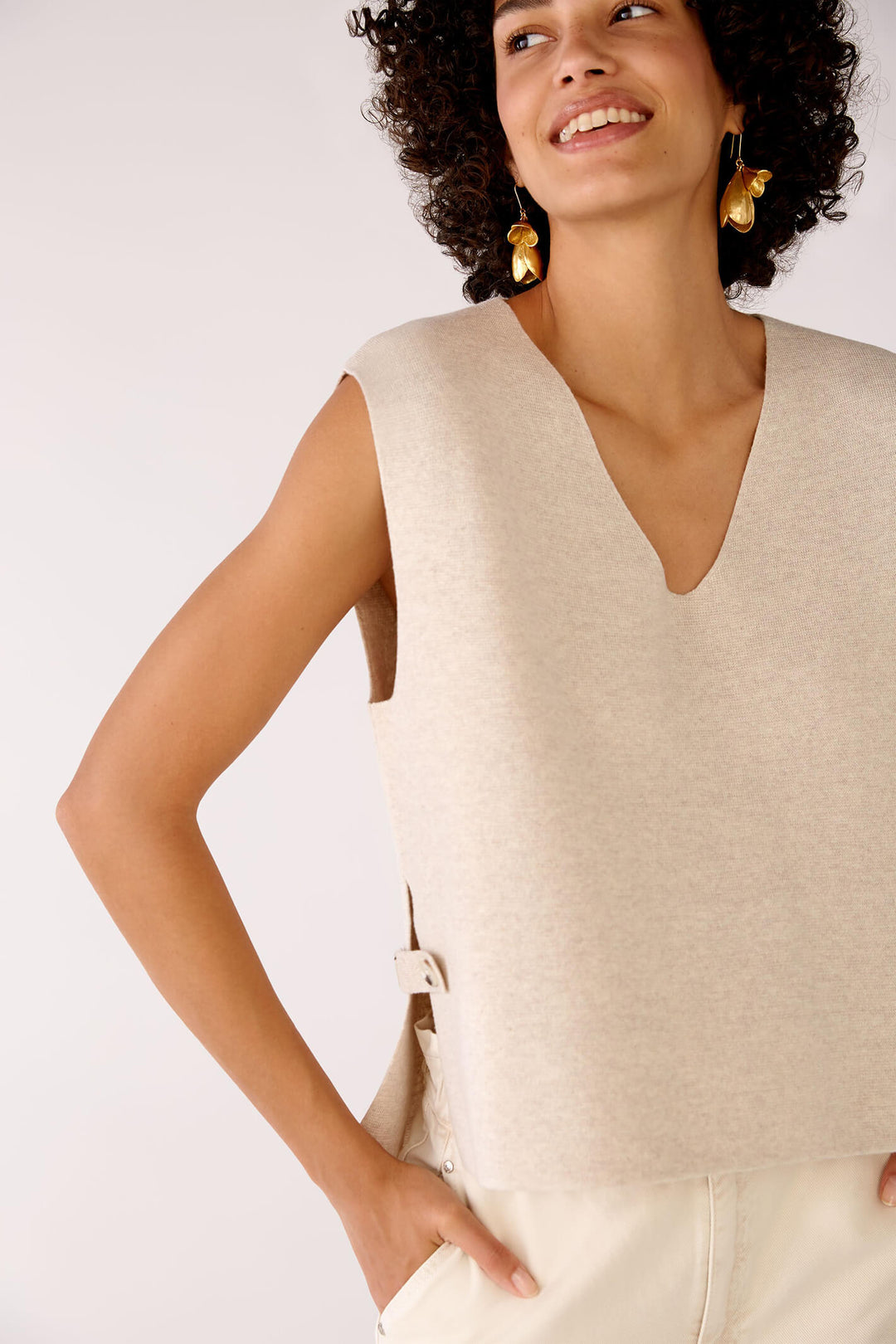 Oui 78239 Light Beige Melange Sleeveless Slip-Over Jumper - Olivia Grace Fashion