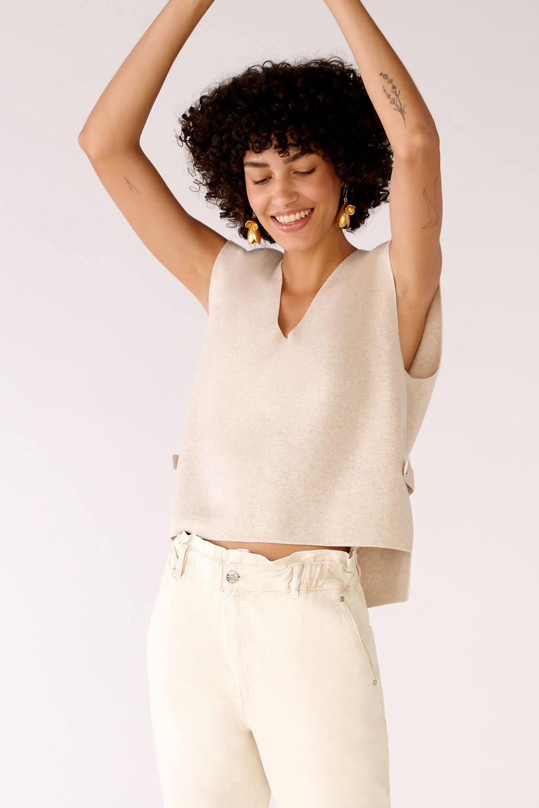 Oui 78239 Light Beige Melange Sleeveless Slip-Over Jumper - Olivia Grace Fashion