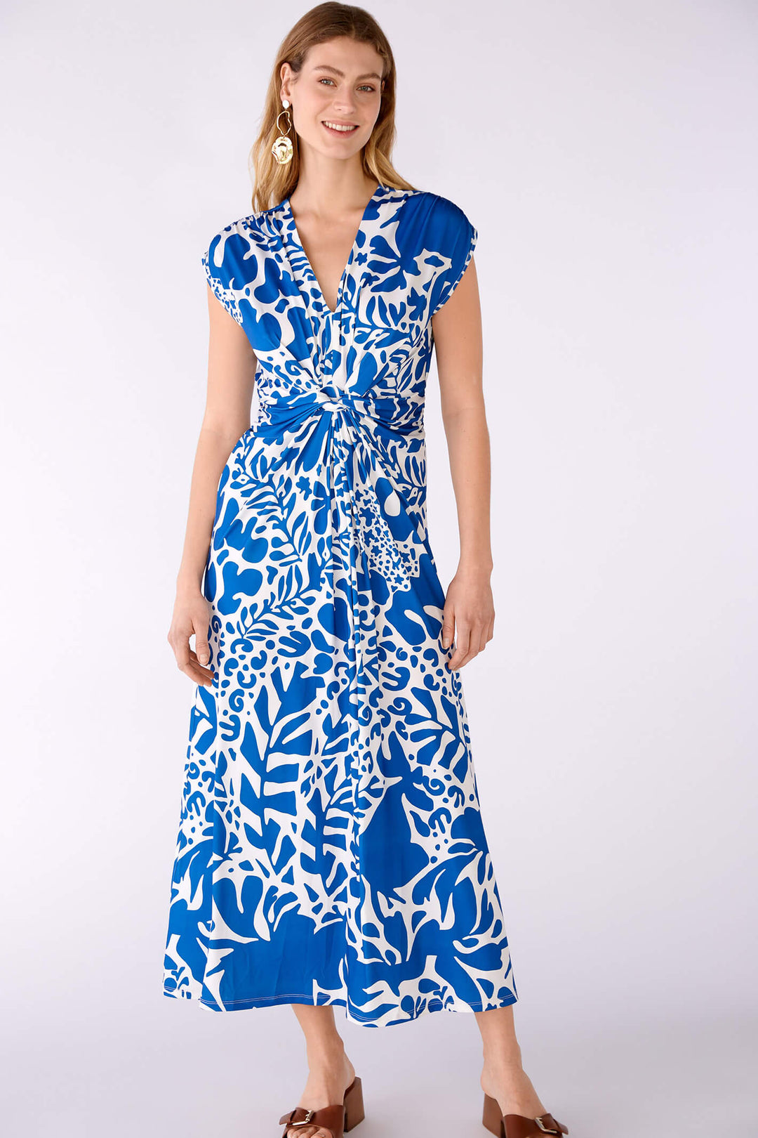 Oui 78549 Blue White Print Knot Front Dress - Olivia Grace Fashion