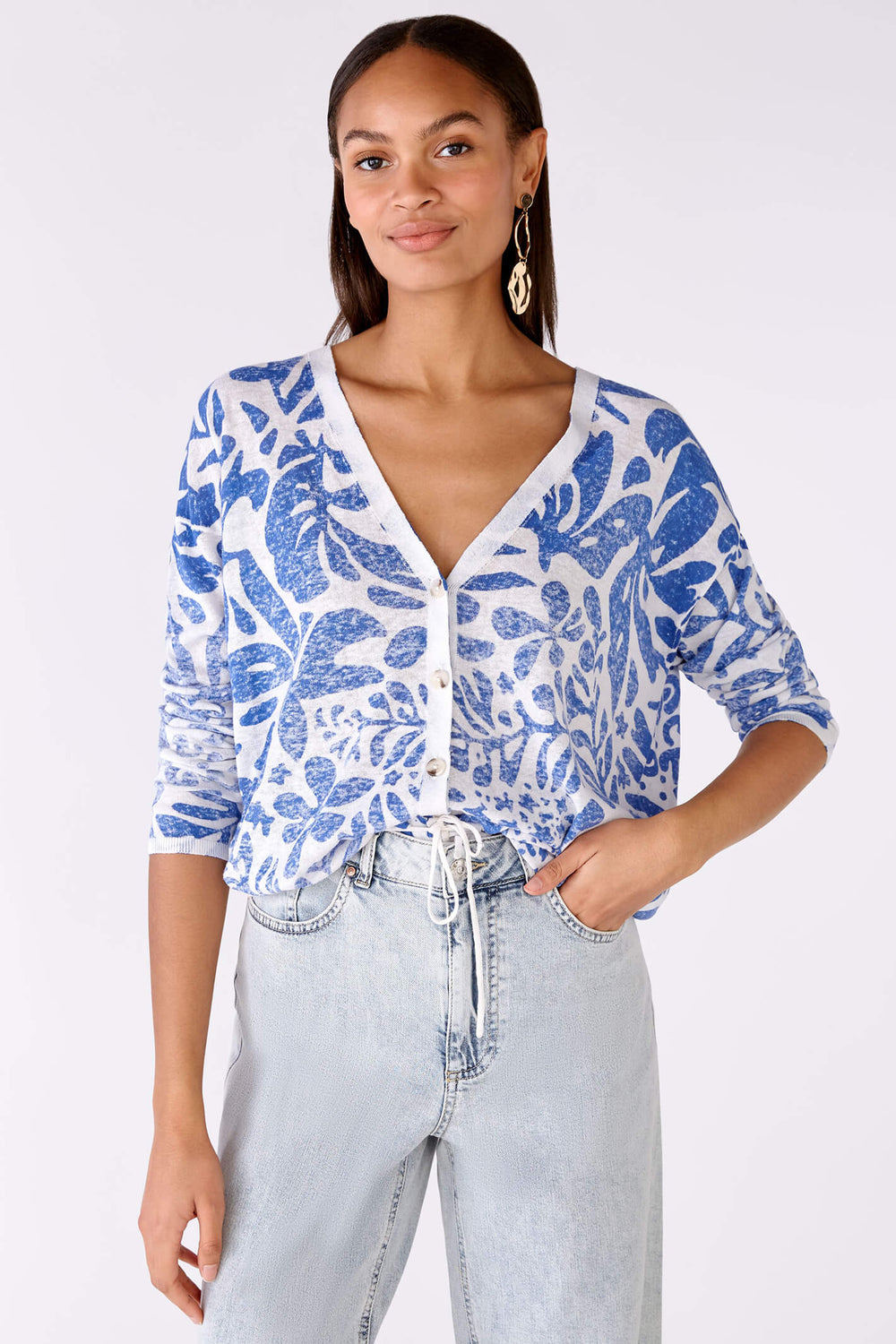 Oui 78627 White Blue Print Cardigan - Olivia Grace Fashion