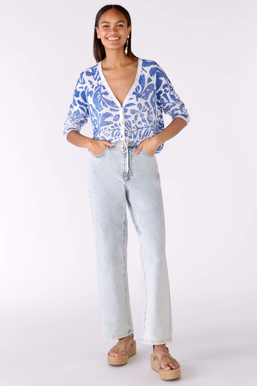 Oui 78627 White Blue Print Cardigan - Olivia Grace Fashion