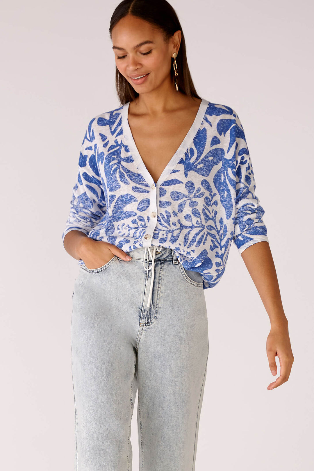 Oui 78627 White Blue Print Cardigan - Olivia Grace Fashion