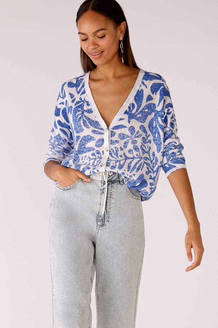 Oui 78627 White Blue Print Cardigan - Olivia Grace Fashion