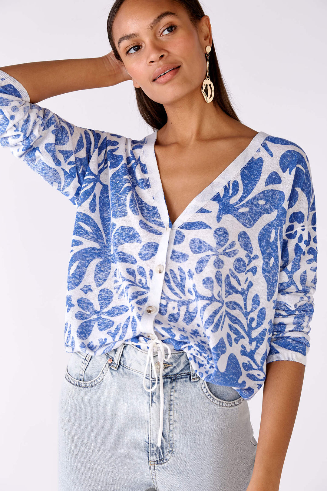 Oui 78627 White Blue Print Cardigan - Olivia Grace Fashion