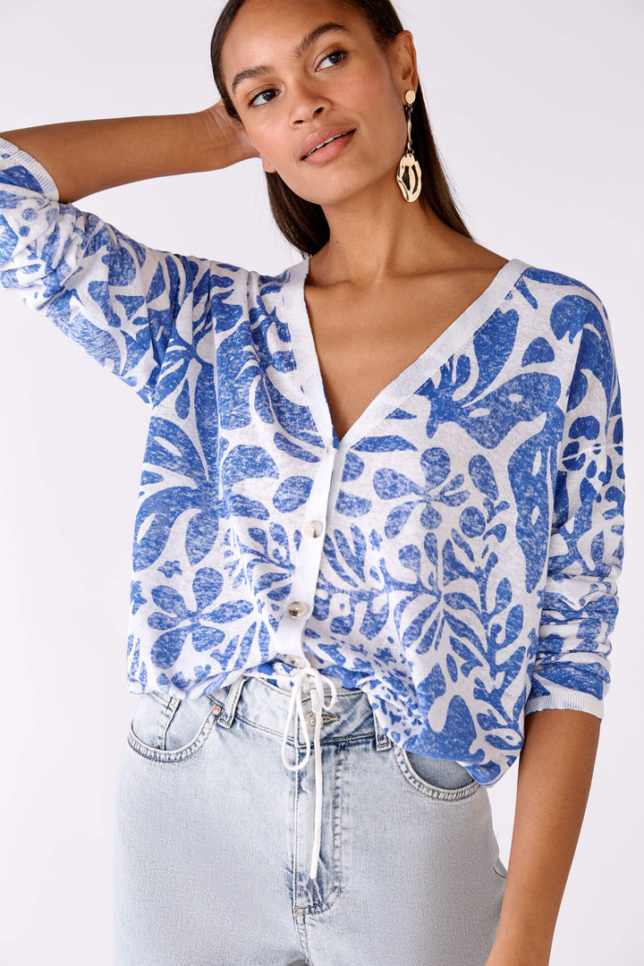 Oui 78627 White Blue Print Cardigan - Olivia Grace Fashion