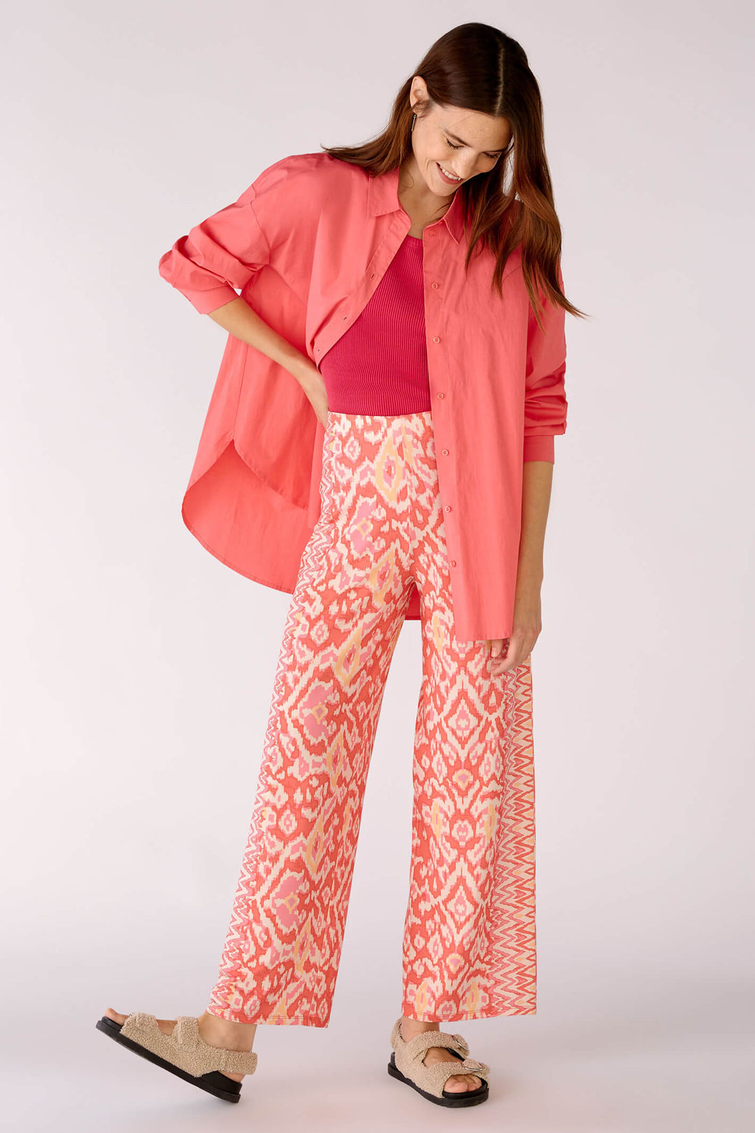 Oui 78725 Rose Orange Coral Print Trousers - Olivia Grace Fashion