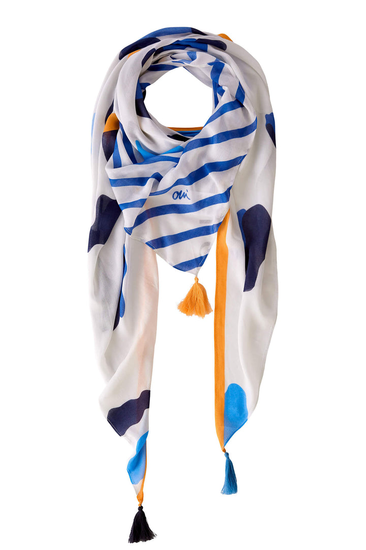 Oui 78766 White Blue Tassle Print Scarf - Olivia Grace Fashion