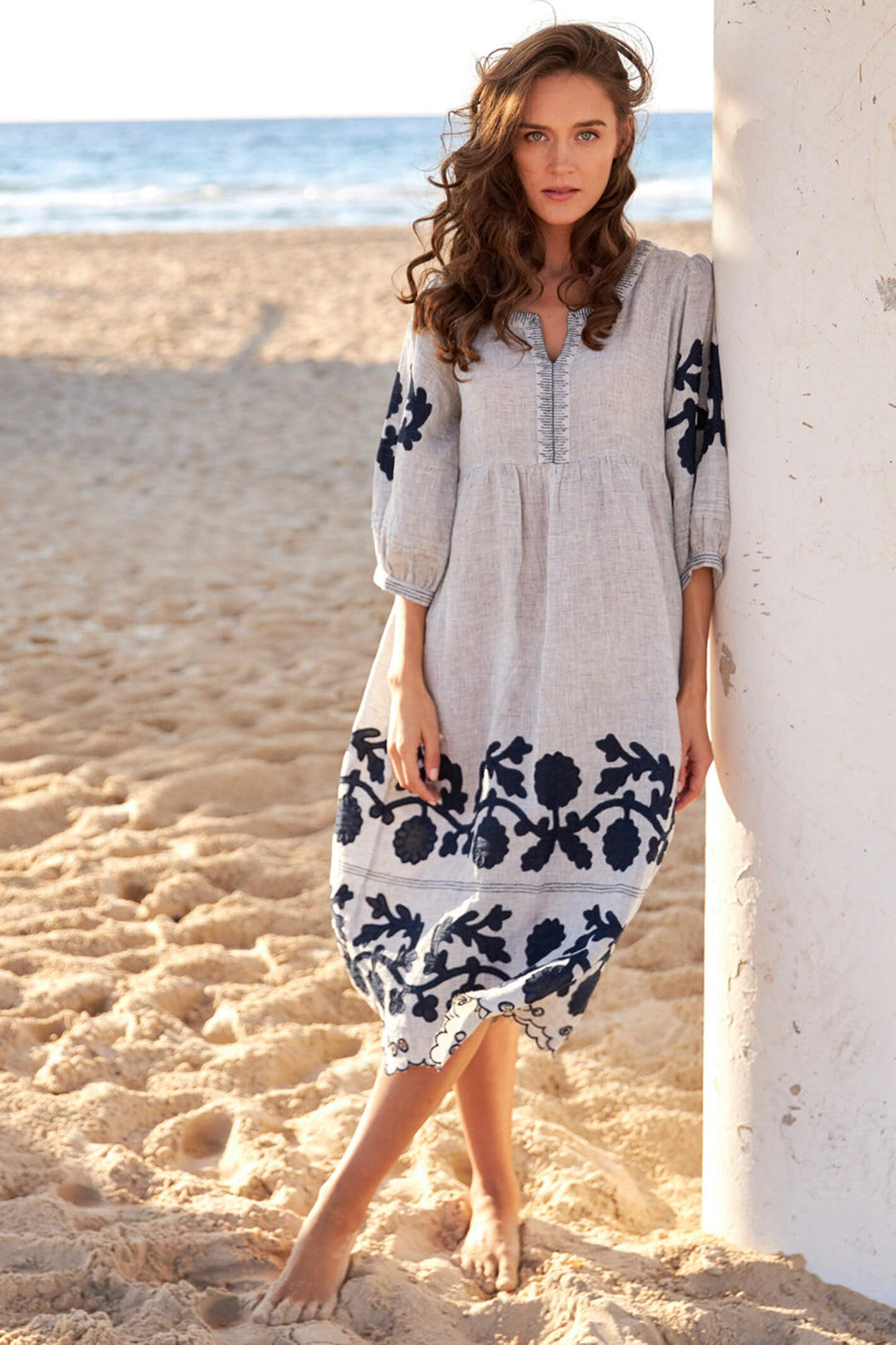Rose & Rose Kerr Charcoal Trellis Applique Baloon Sleeve Dress - Olivia Grace Fashion