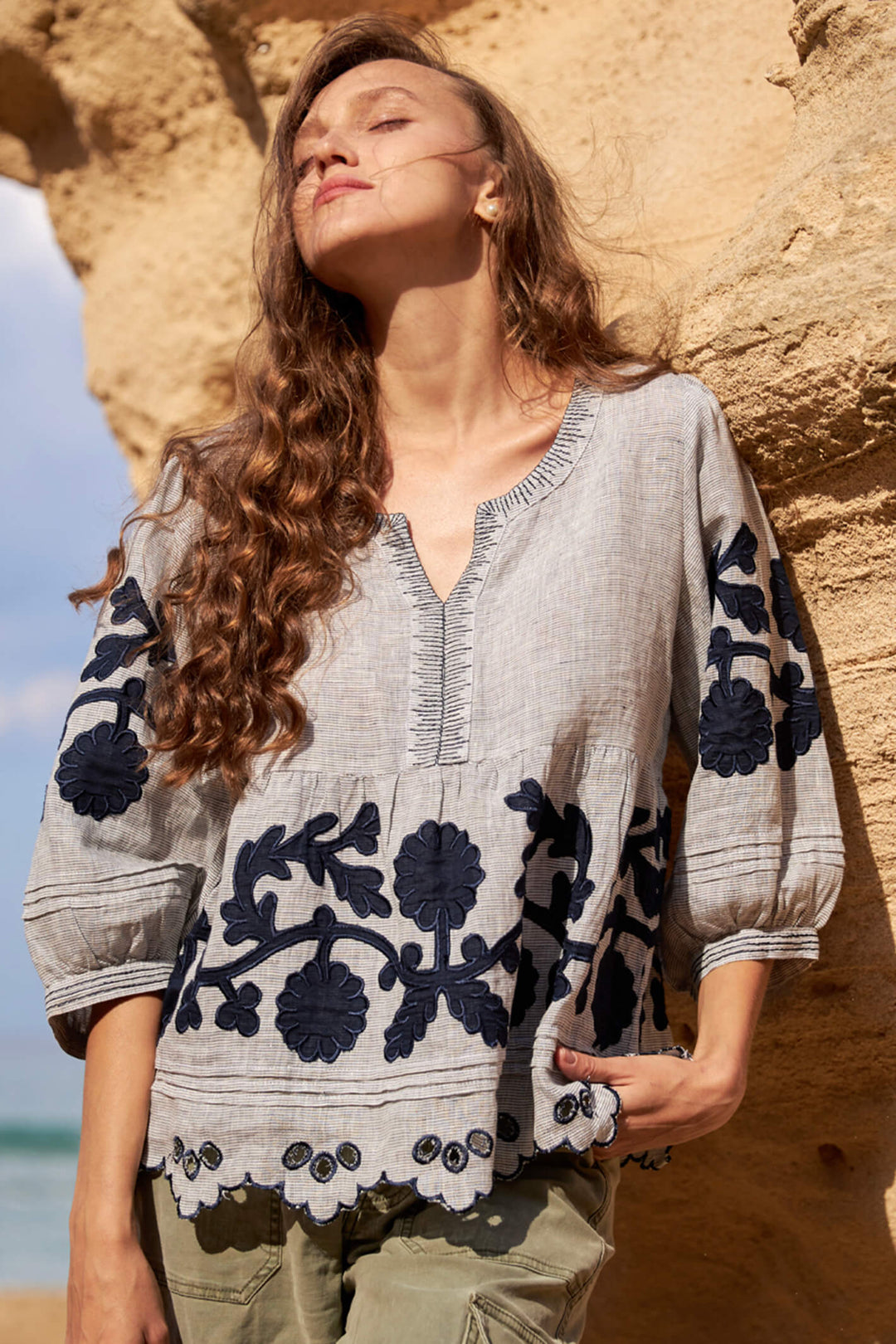 Rose & Rose Kitt Charcoal Trellis Applique Baloon Sleeve Top - Olivia Grace Fashion