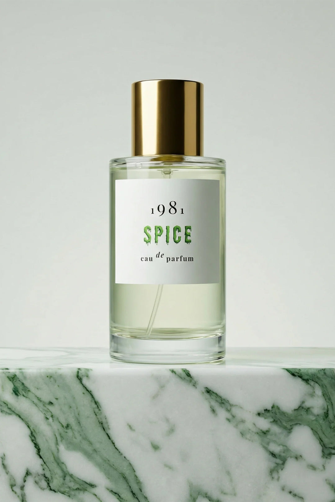 1981 Fragrance Spice Eau De Parfum 100ml, bottle front on green marble