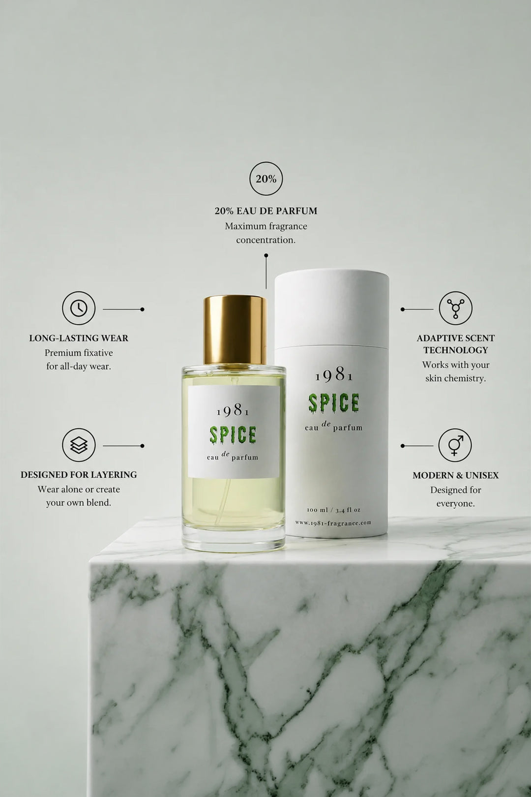 1981 Fragrance Spice Eau De Parfum 100ml, product features graphic