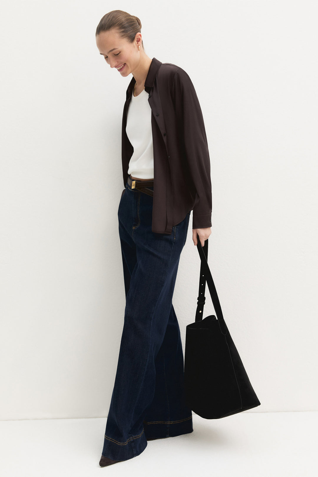 Emme EMMEDRO Dark Brown Light Mono Stretch Satin Shirt - Olivia Grace Fashion