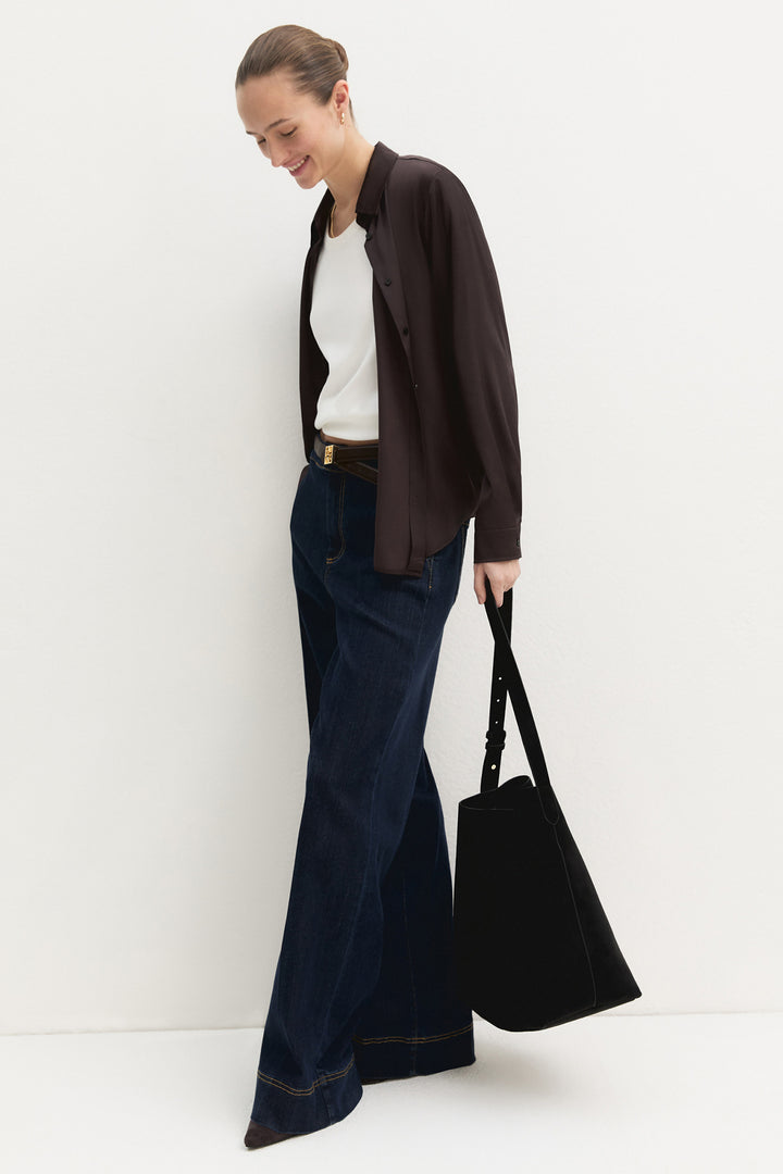 Emme EMMEDRO Dark Brown Light Mono Stretch Satin Shirt - Olivia Grace Fashion