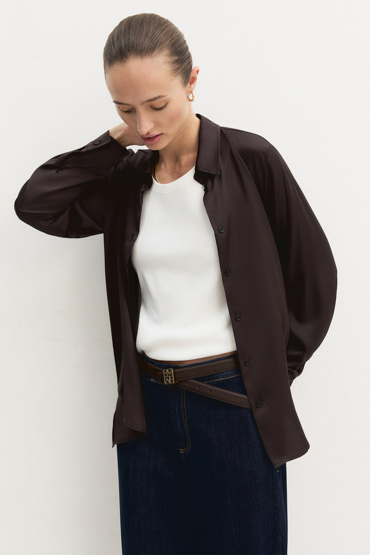 Emme EMMEDRO Dark Brown Light Mono Stretch Satin Shirt - Olivia Grace Fashion