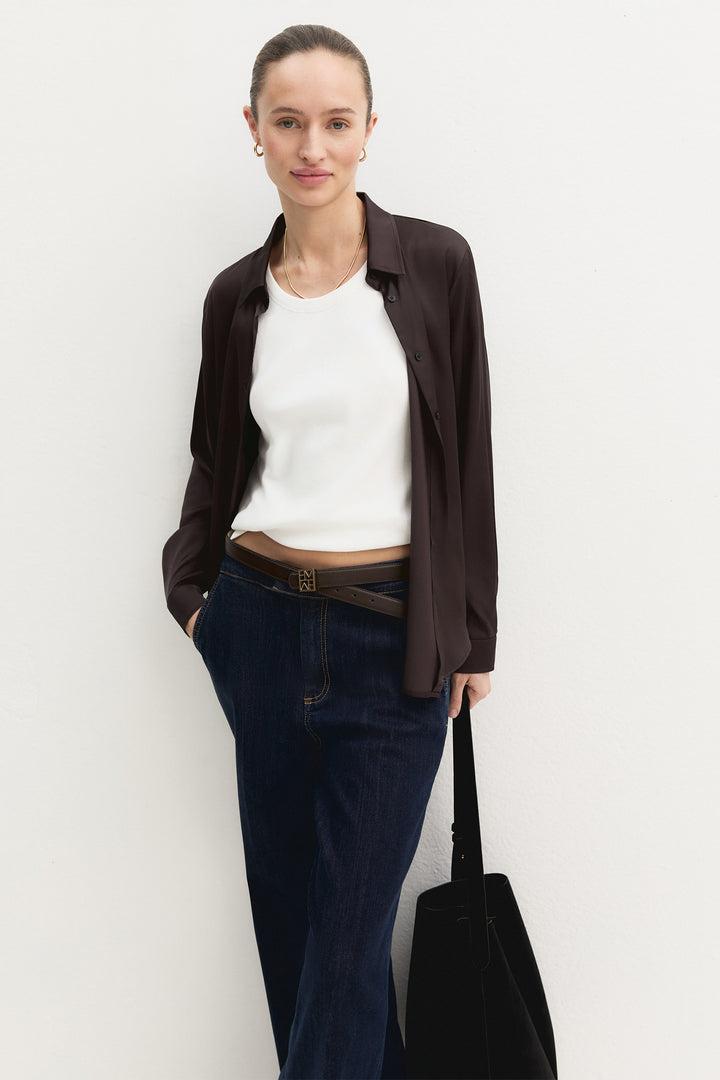Emme EMMEDRO Dark Brown Light Mono Stretch Satin Shirt - Olivia Grace Fashion