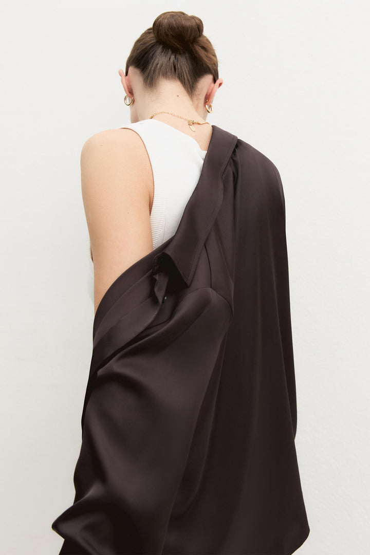 Emme EMMEDRO Dark Brown Light Mono Stretch Satin Shirt - Olivia Grace Fashion