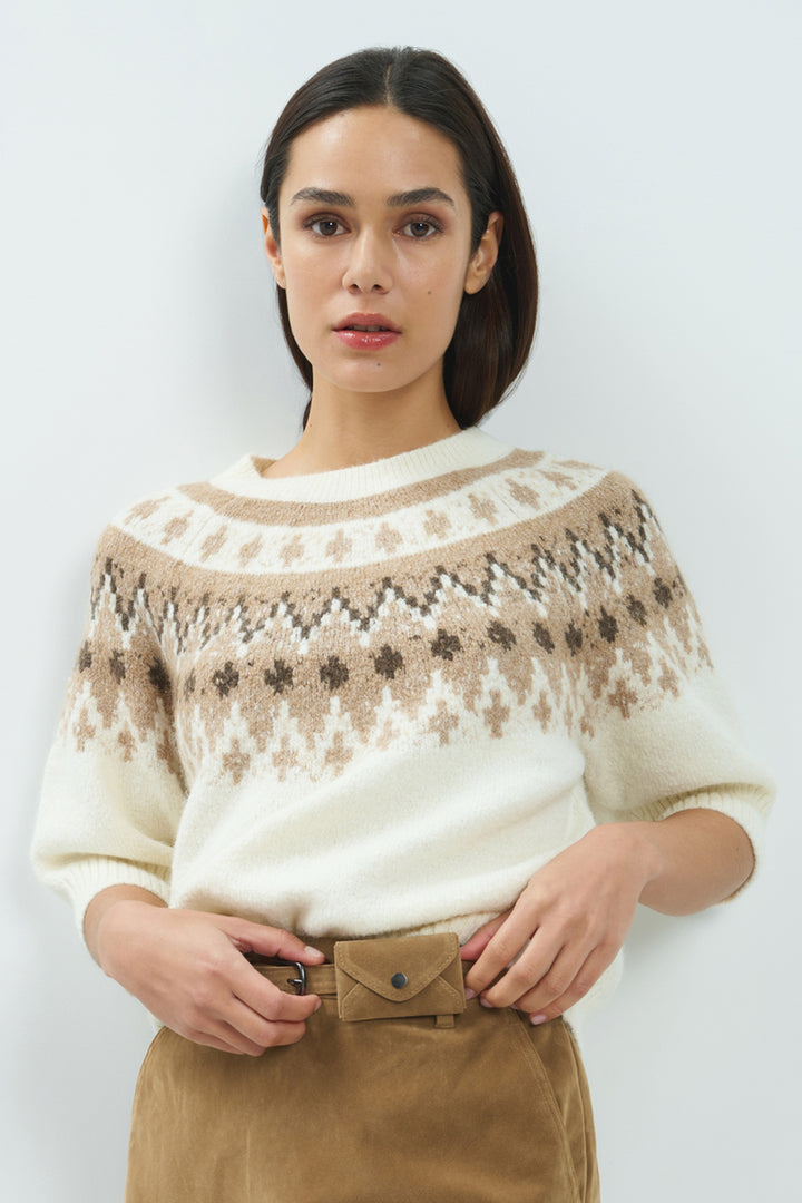 Yaya Dark Beige Melange Sweater With Nordic Jacquard Print 01-000646-610 990912