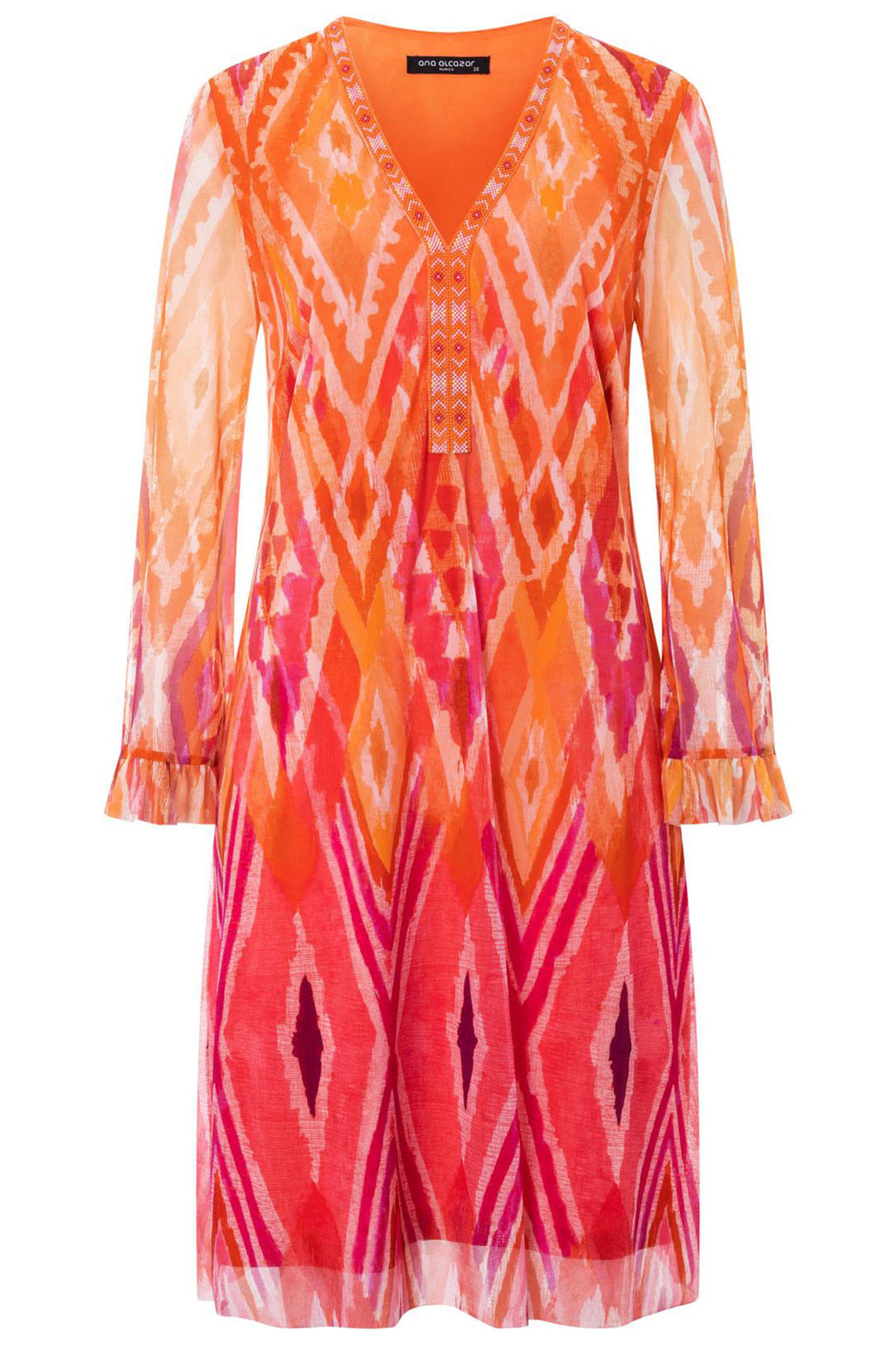 Ana Alcazar 040535 Orange Ikat Print Beaded Neck Short Dress - Olivia Grace Fashion
