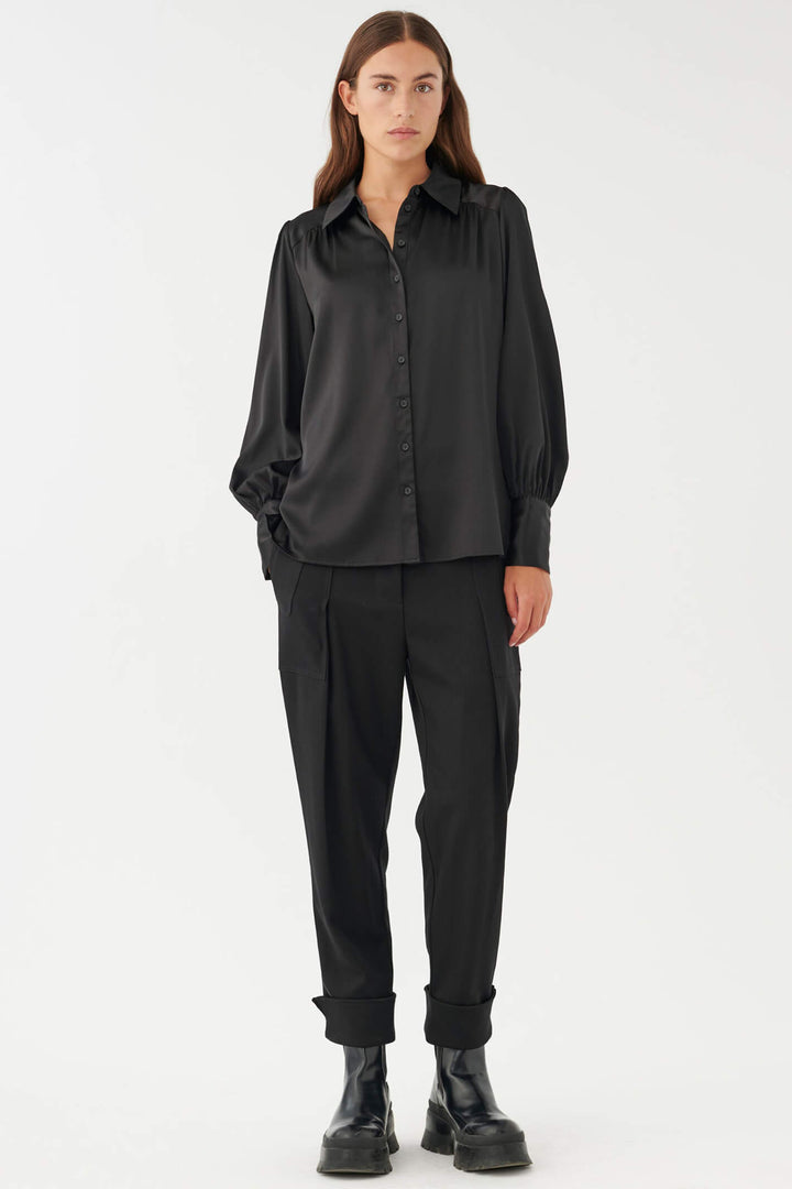 Dea Kudibal Asta 1731023 Black Puff Sleeve Stretch Silk Satin Blouse - Olivia Grace Fashion