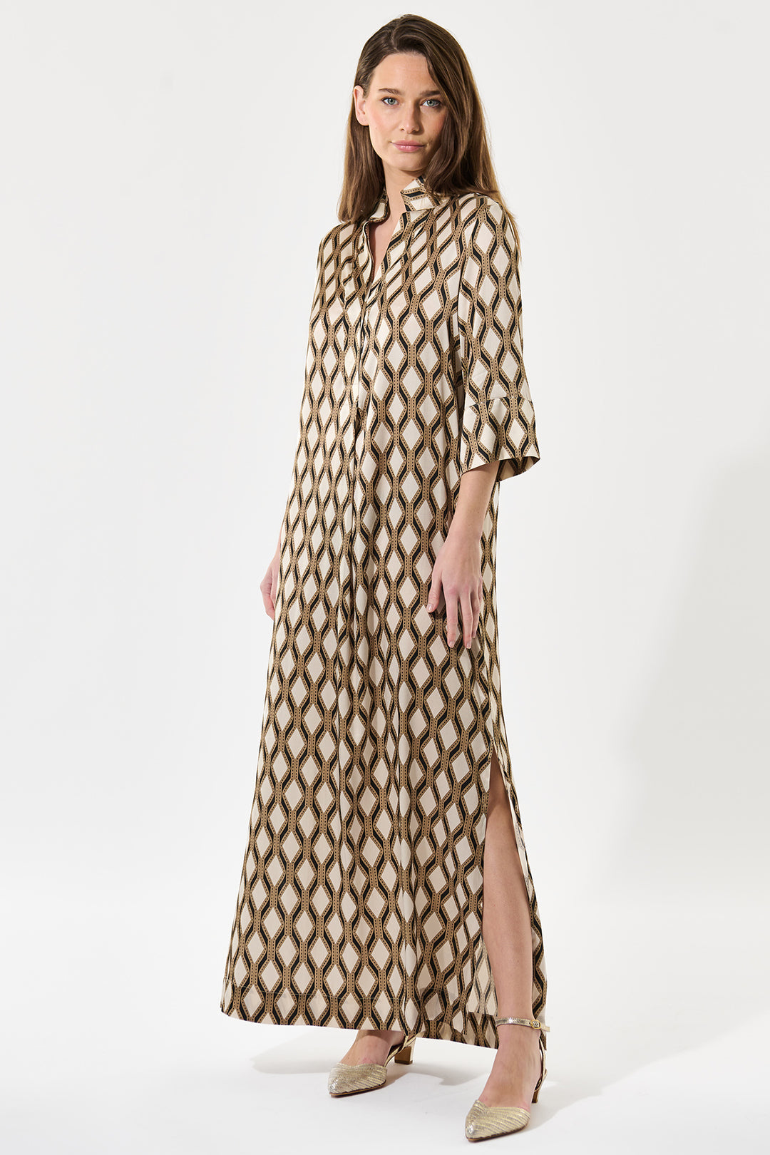 Dea Kudibal HelgaDEA Silk Kimono Dress Brillante Brown Print 0480425 5860 - Olivia Grace Fashion