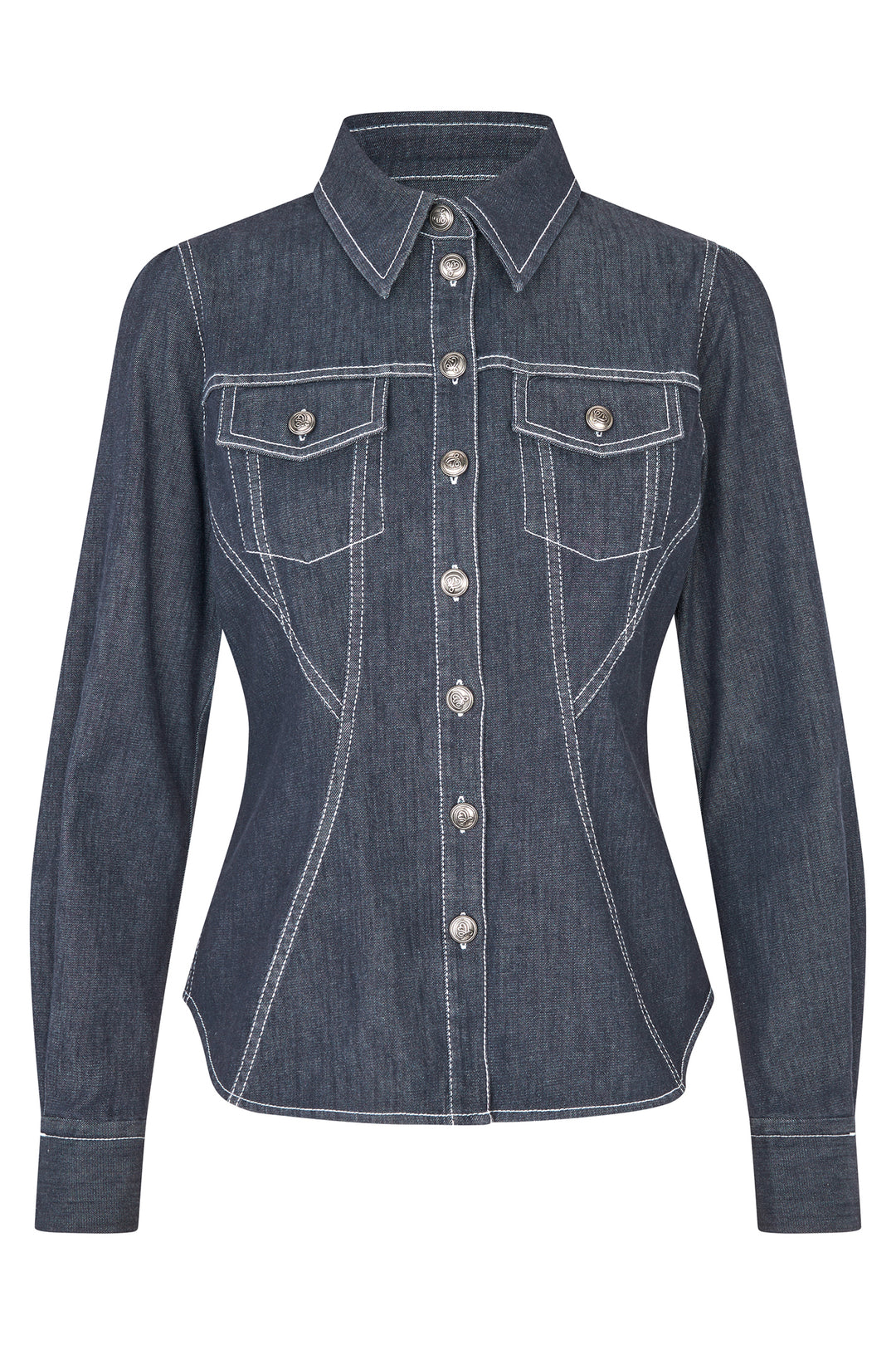 Denim shirt worn by a person on a white background