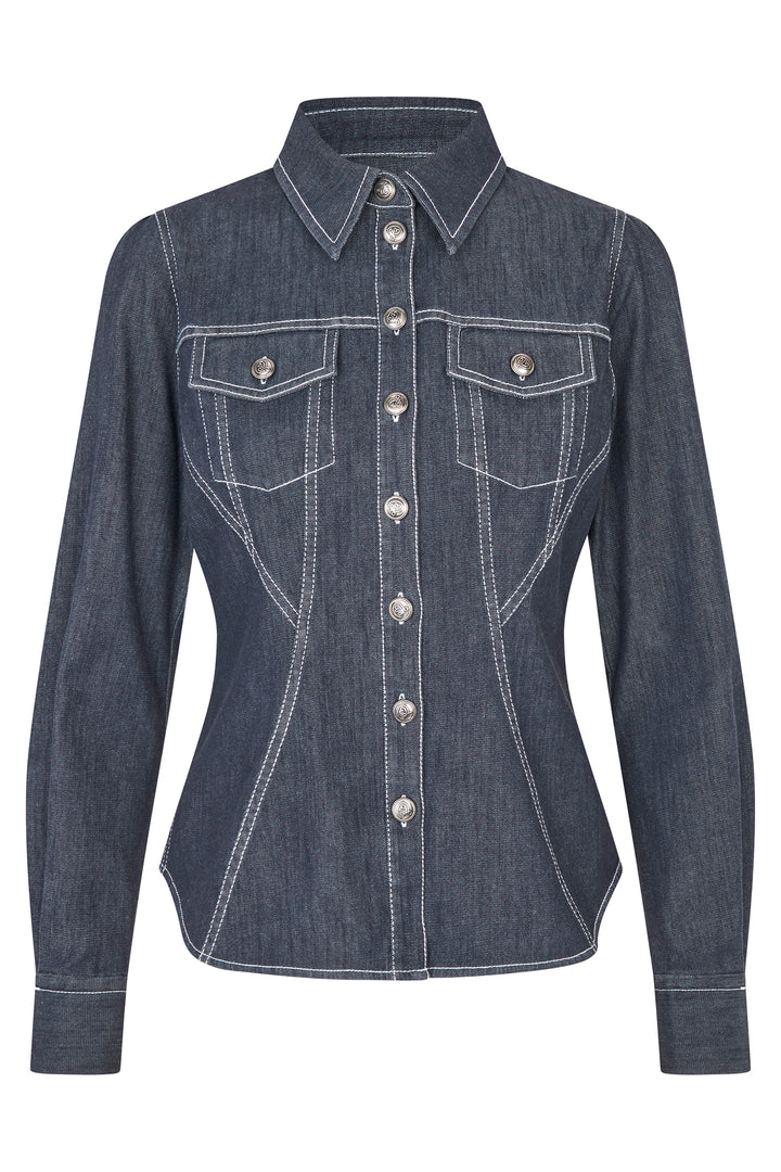 Denim shirt worn by a person on a white background