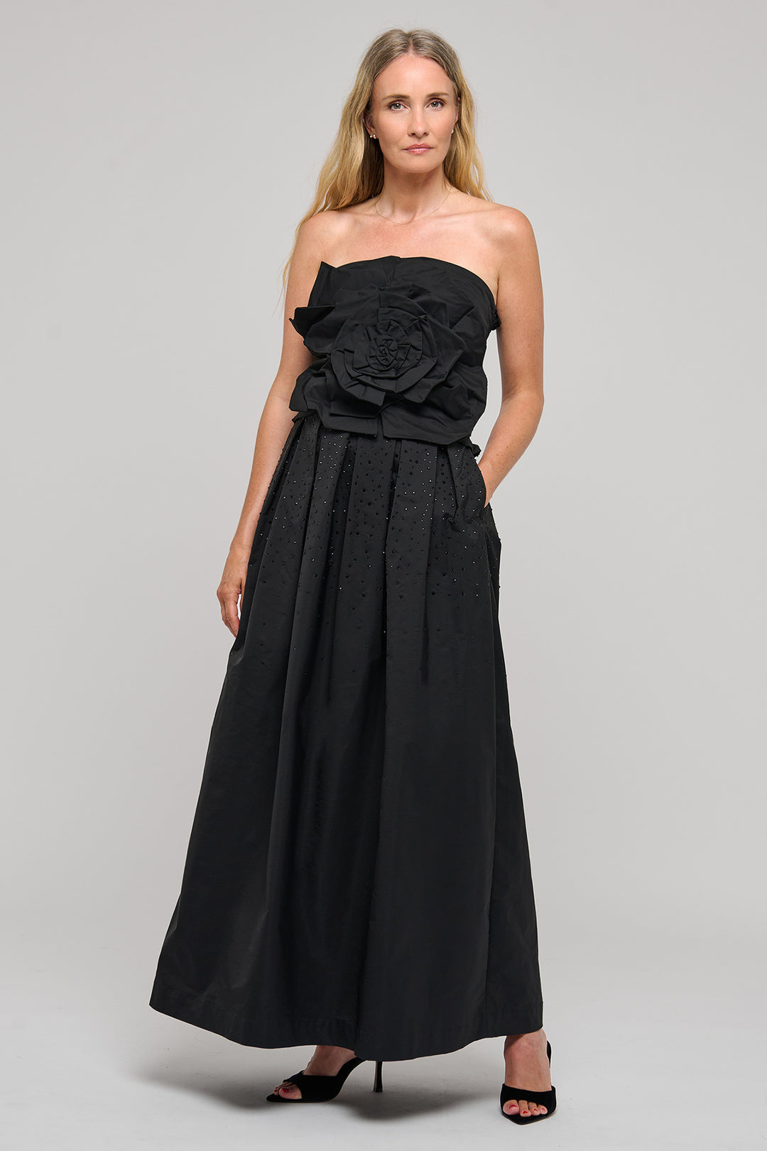 Dea Kudibal ThereseDEA Black Taffeta Strapless Top 0971026, full length front view, hands in pockets