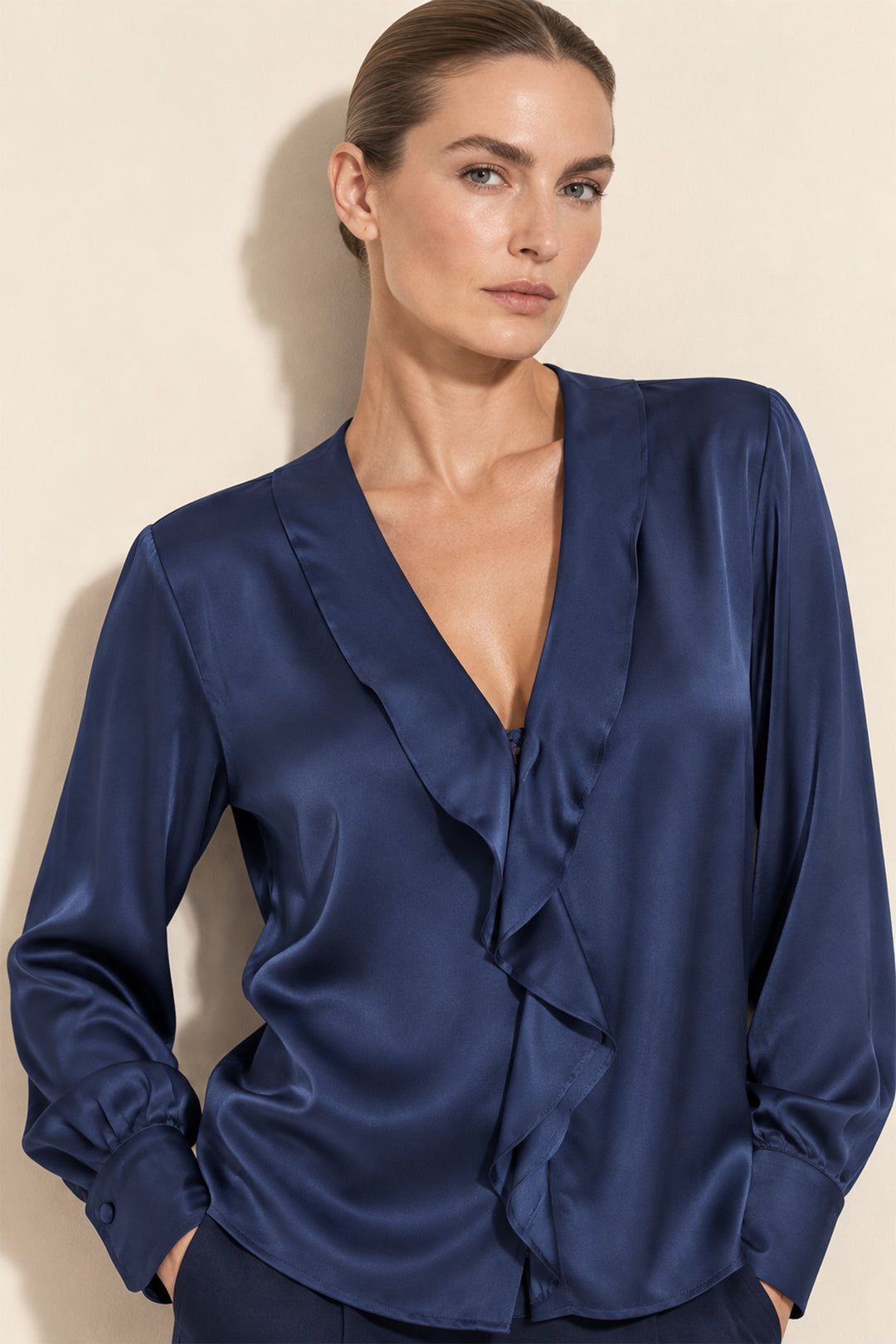 Emme EMMAGGRAVI Navy Light Mono Stretch Satin Shirt, front view