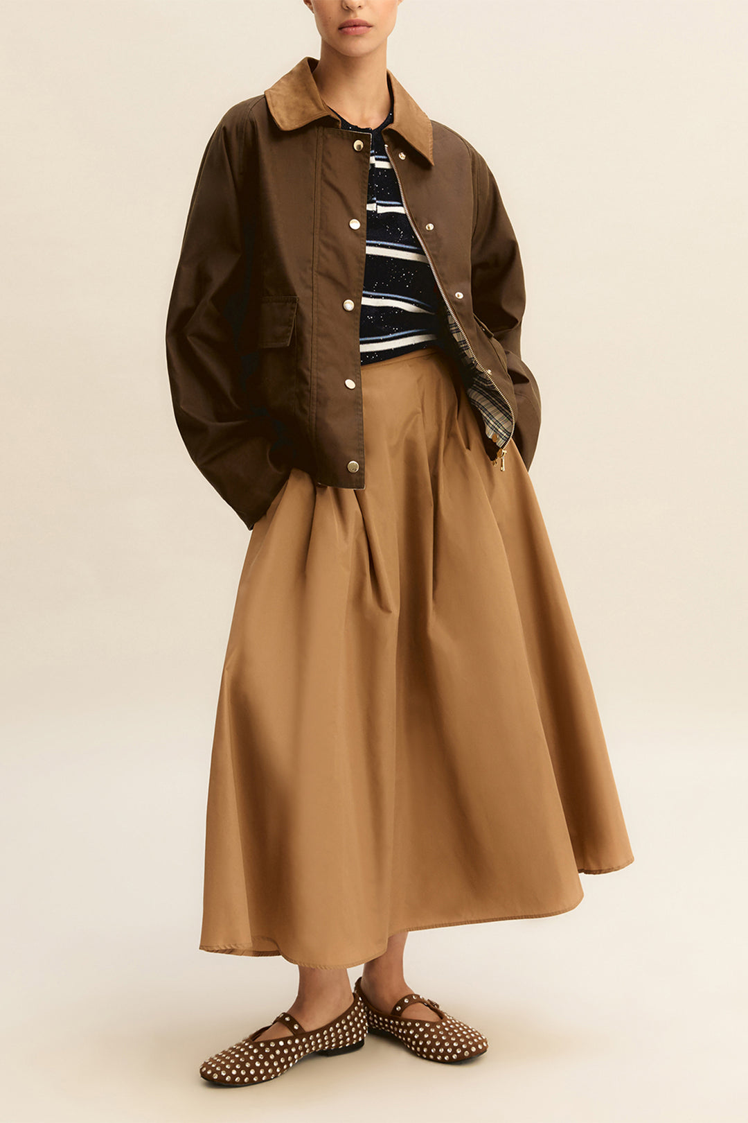 Emme EMMDIVA Camel Brown Taffeta Midi Skirt 2615101031200