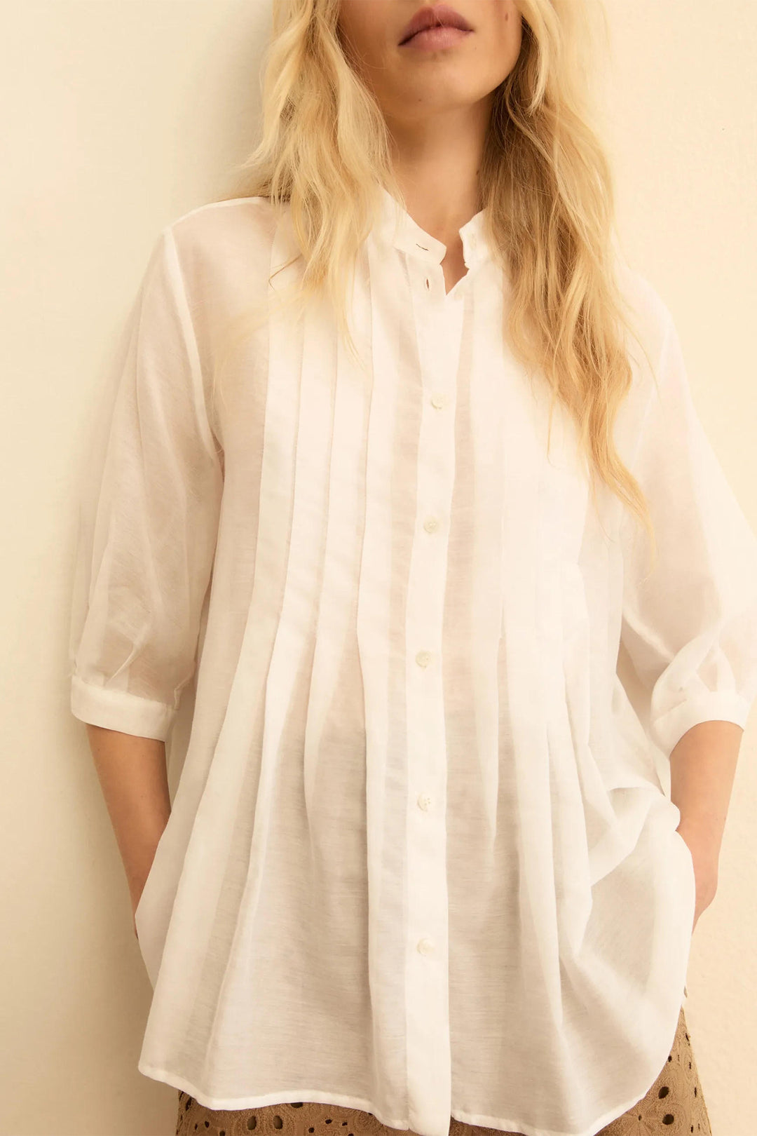 Emme EMMGIGA White Silk Cotton Muslin Pleated Shirt 2615111112200