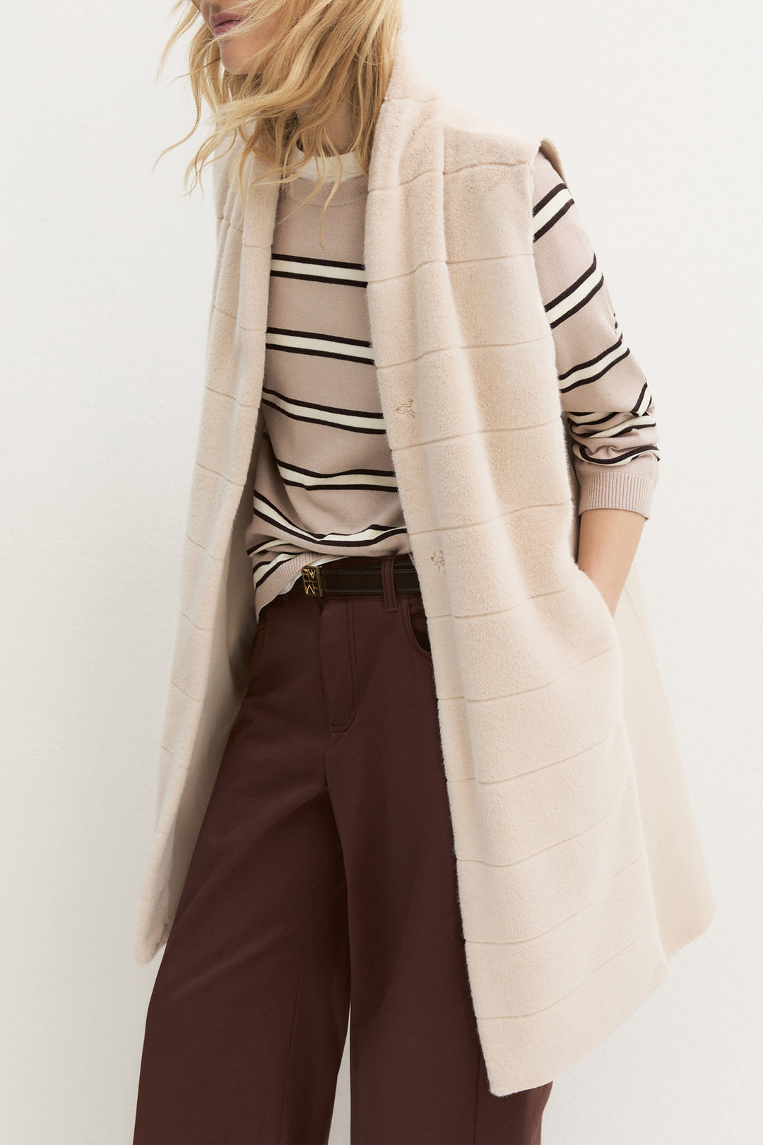 Emme Sand Beige Double-Faced Gilet, front model shot three-quarter view