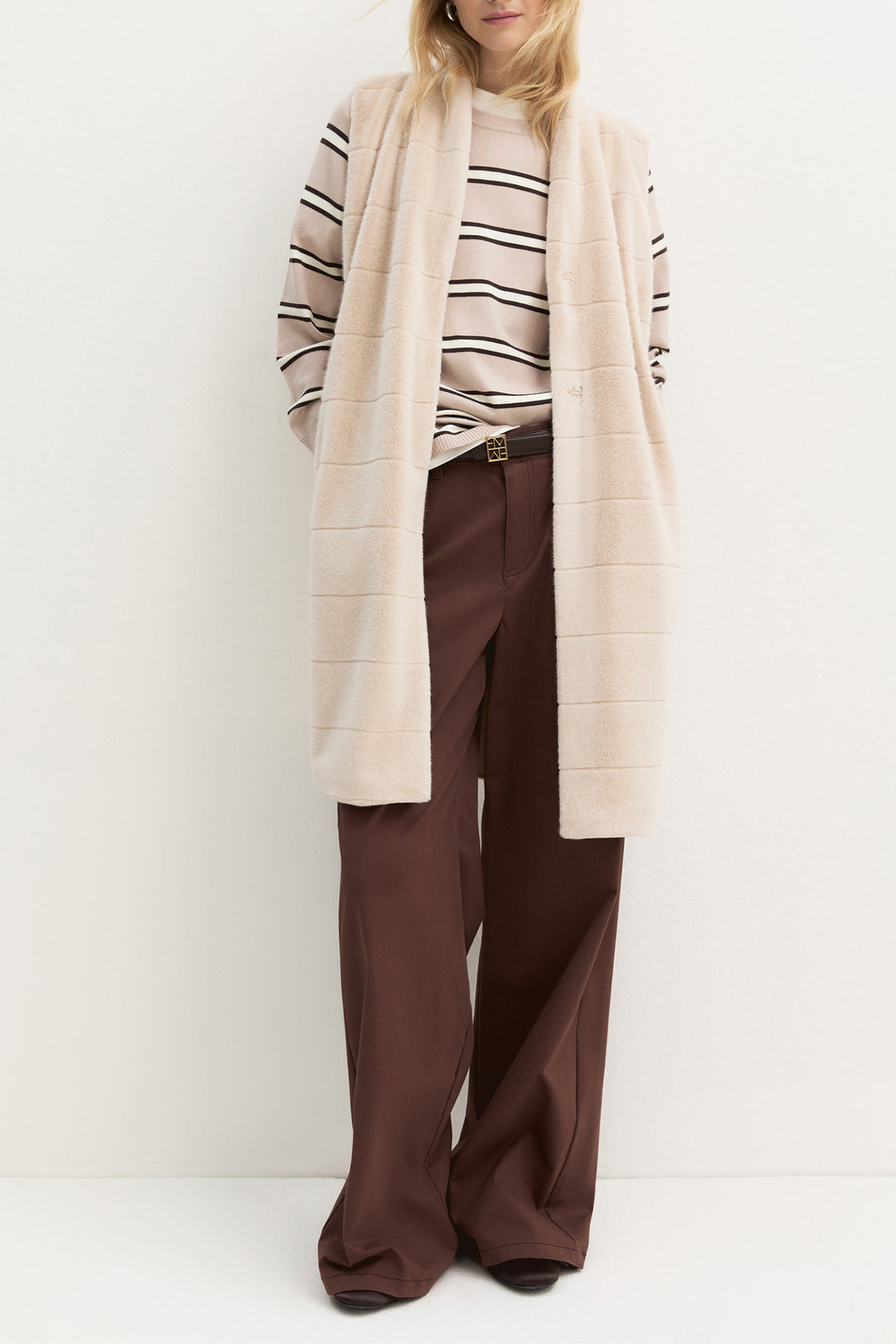 Emme Sand Beige Double-Faced Gilet, front model shot full length