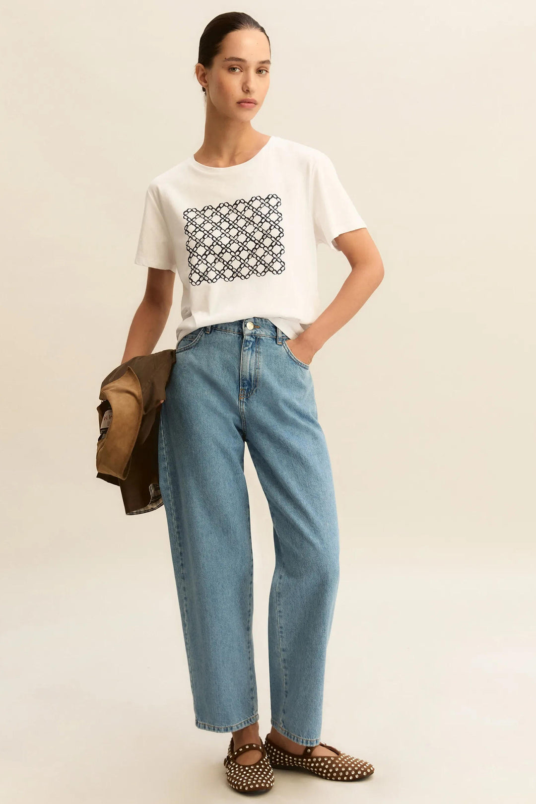 Emme EMMRACCONTO Navy Geometric Print Cotton T-Shirt