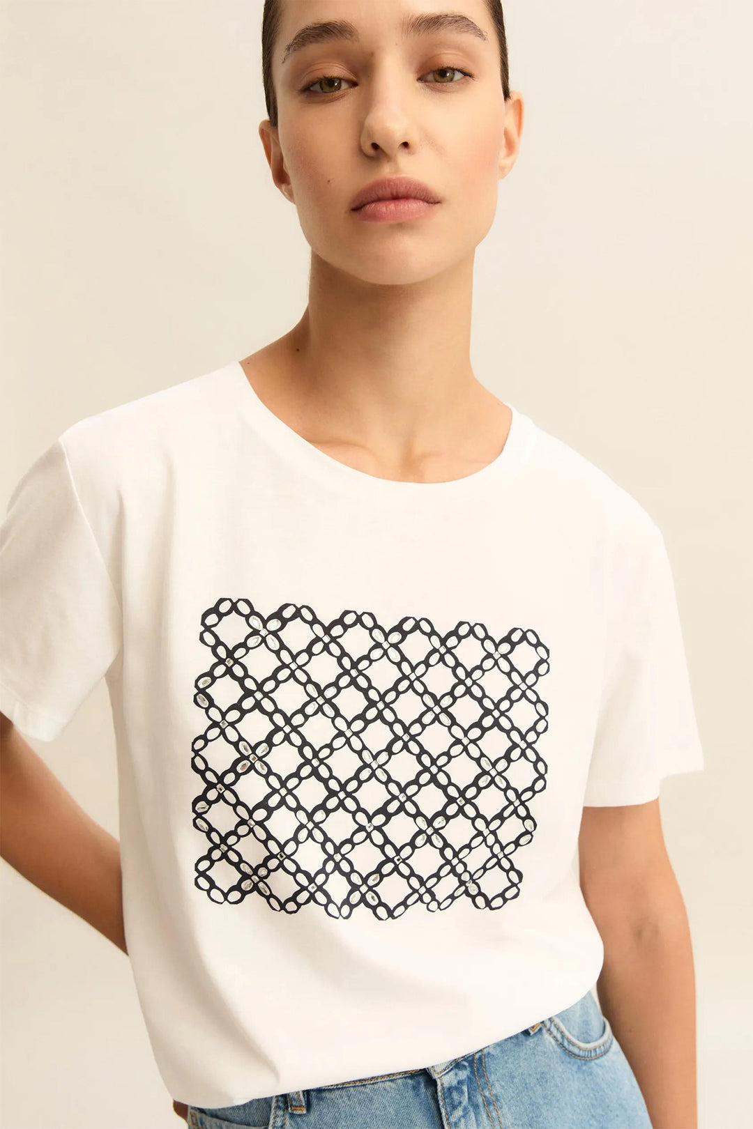 Emme EMMRACCONTO Navy Geometric Print Cotton T-Shirt