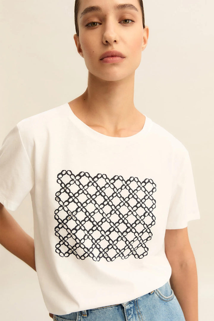Emme EMMRACCONTO Navy Geometric Print Cotton T-Shirt