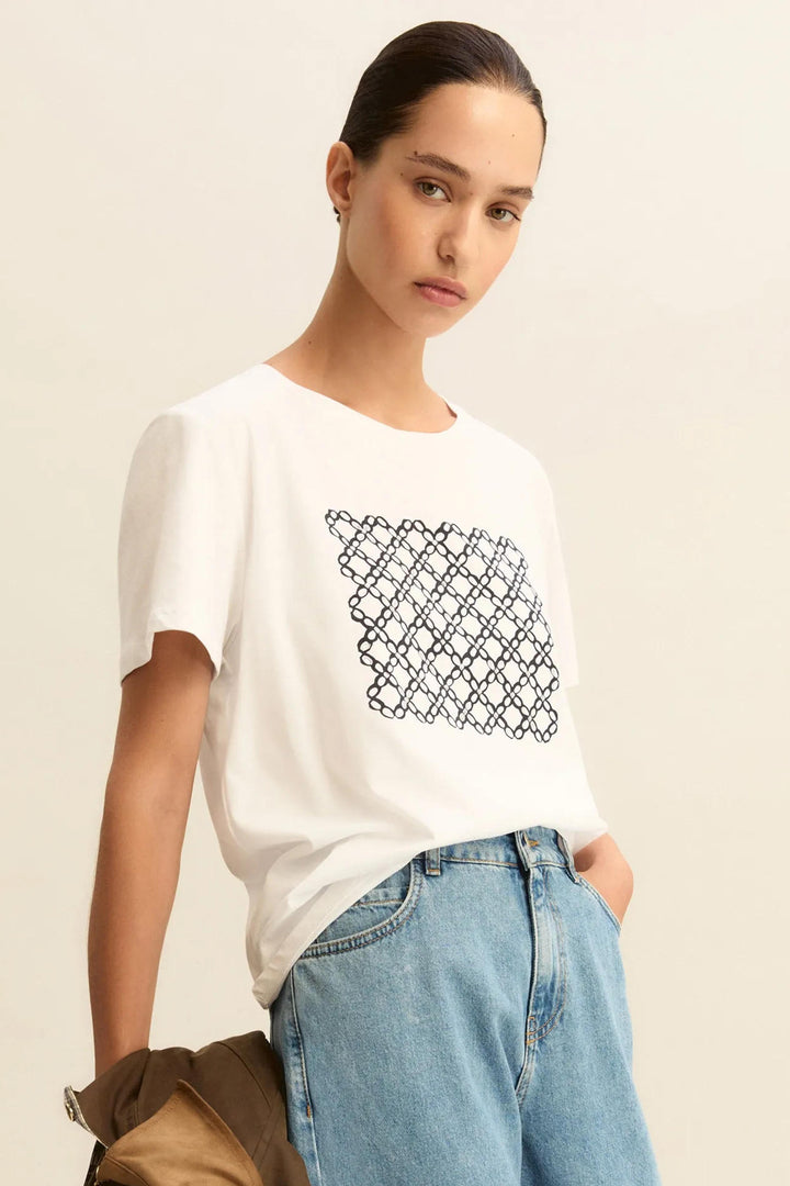 Emme EMMRACCONTO Navy Geometric Print Cotton T-Shirt